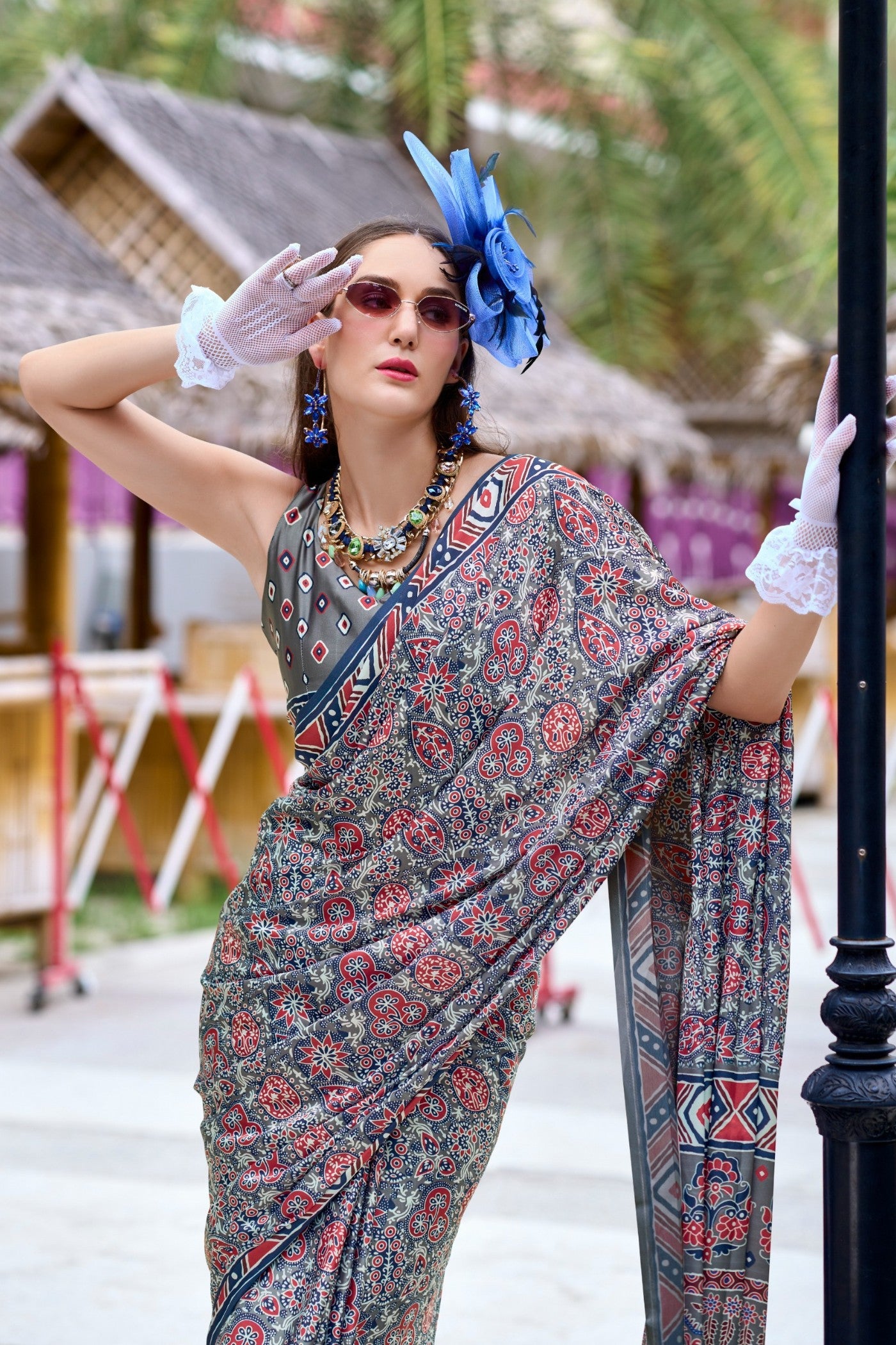 Buy MySilkLove Lava Grey Ajrakh Printed Satin Crepe Silk Saree Online