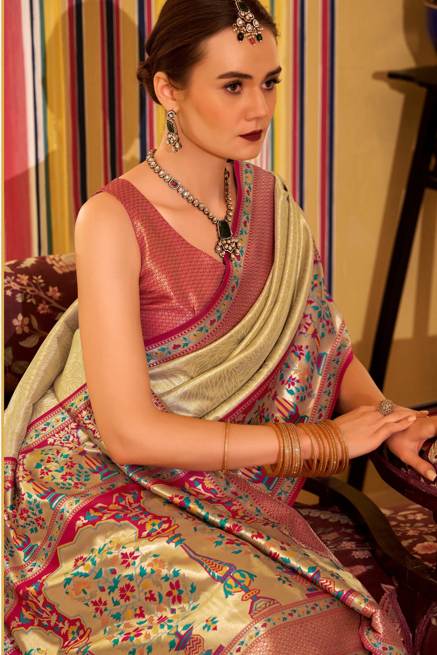 Buy MySilkLove Vanilla Cream Woven Tissue Silk Saree Online
