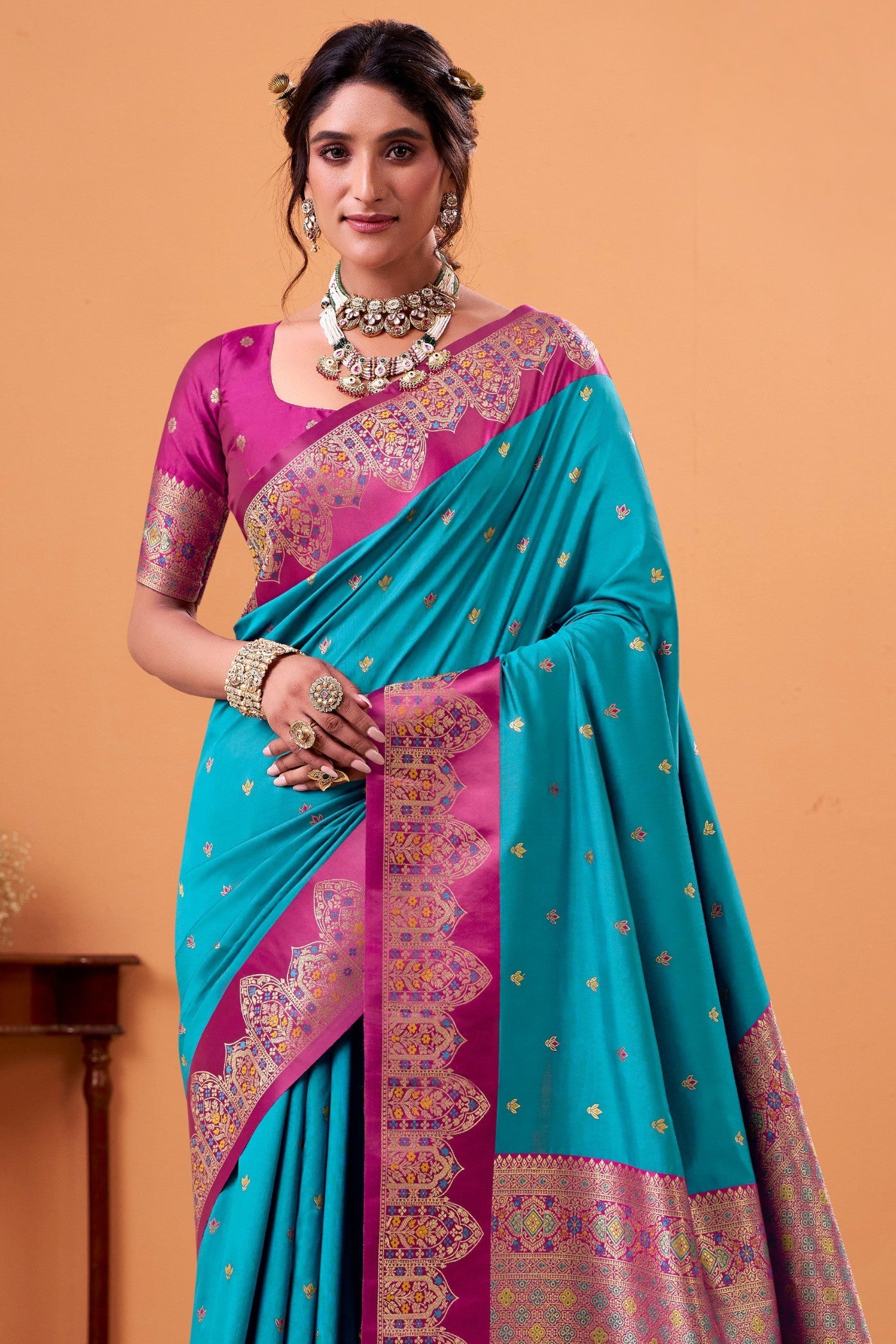 Buy MySilkLove Capri Blue Woven Satin Soft Silk Saree Online