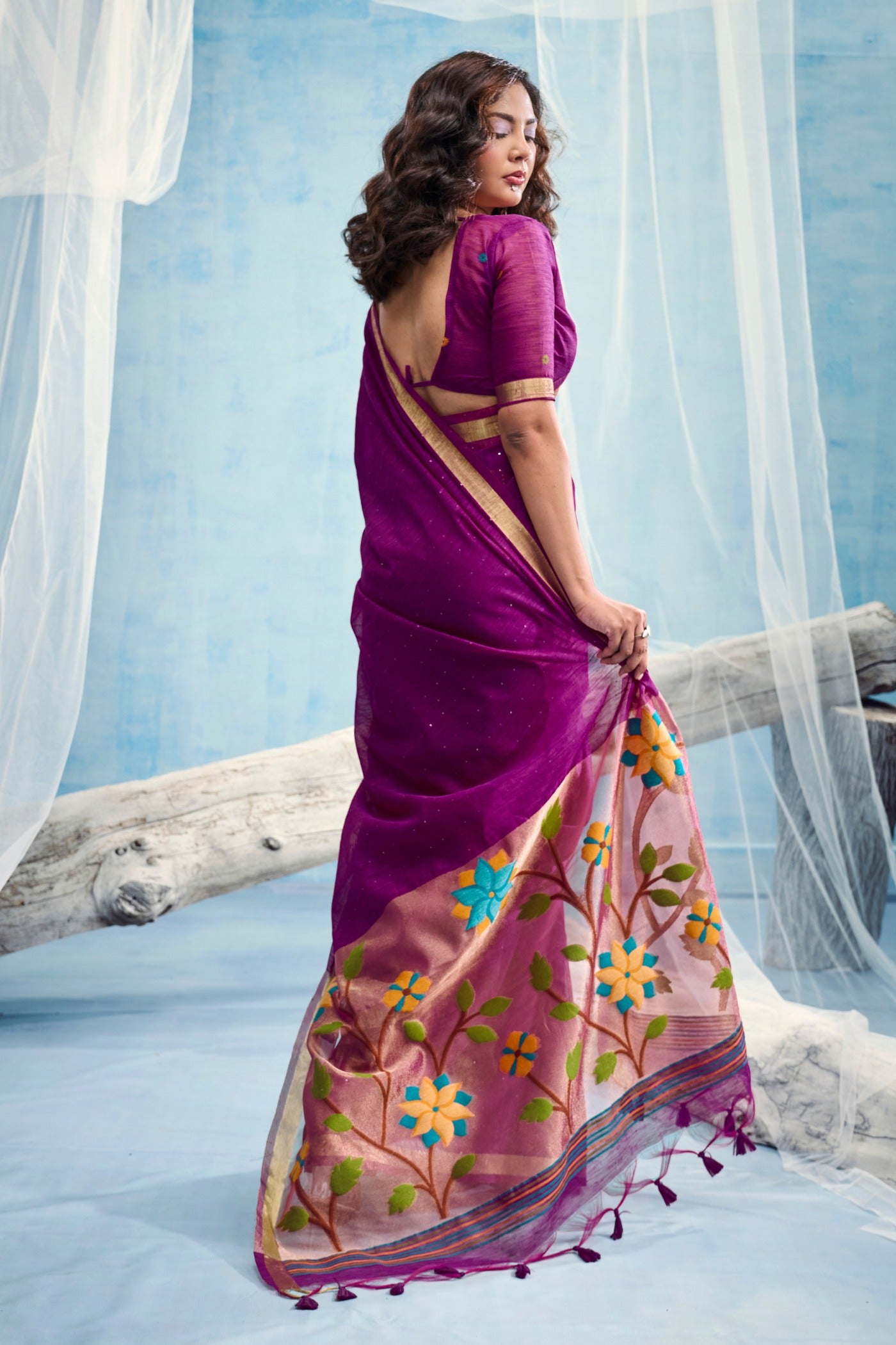 Buy MySilkLove Plum Purple Munga Handloom Tissue Pallu Saree Online