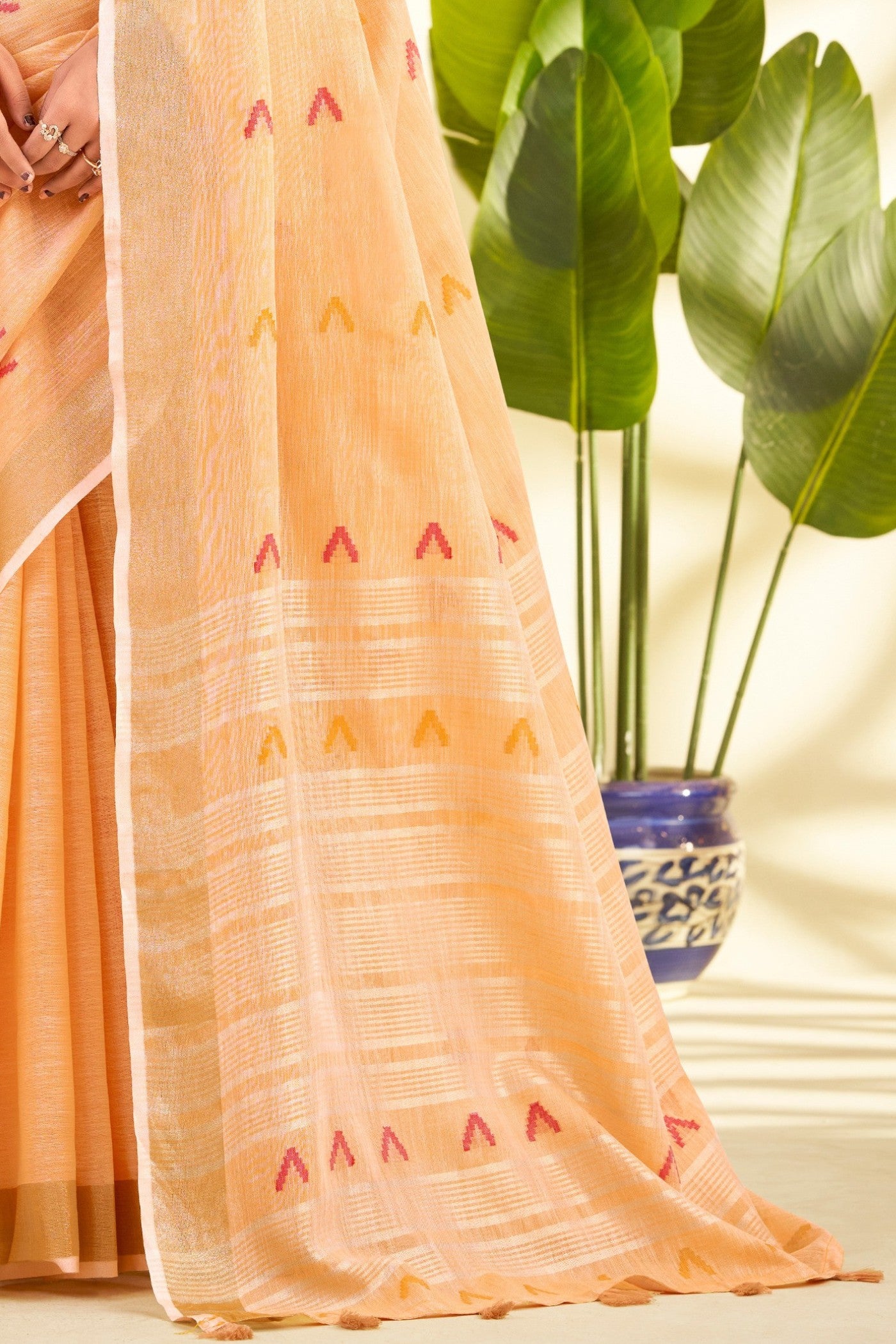 Buy MySilkLove Bisque Orange Woven Linen Saree Online
