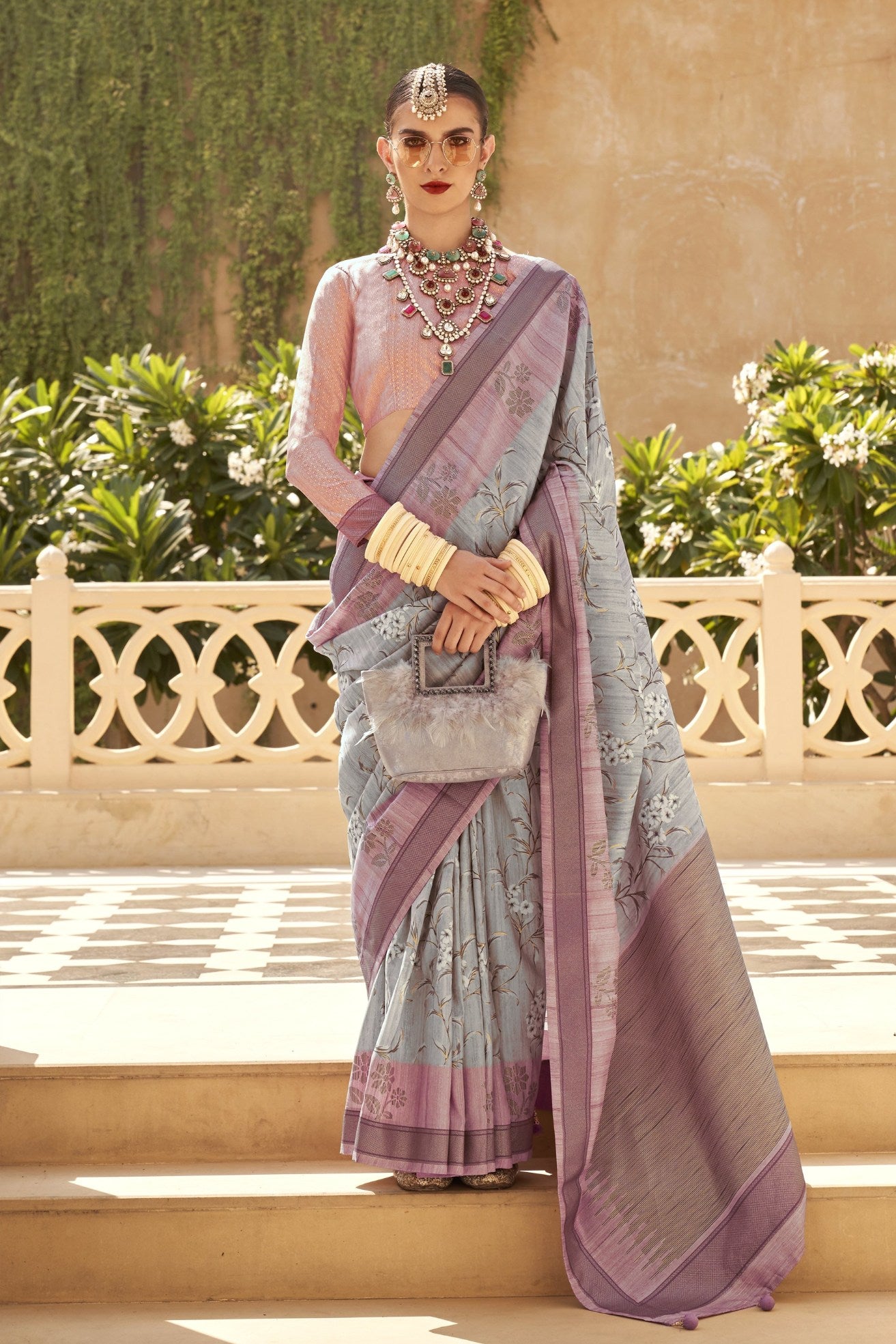 Buy MySilkLove Cloudy Grey and Pink Banarasi Handloom Saree Online
