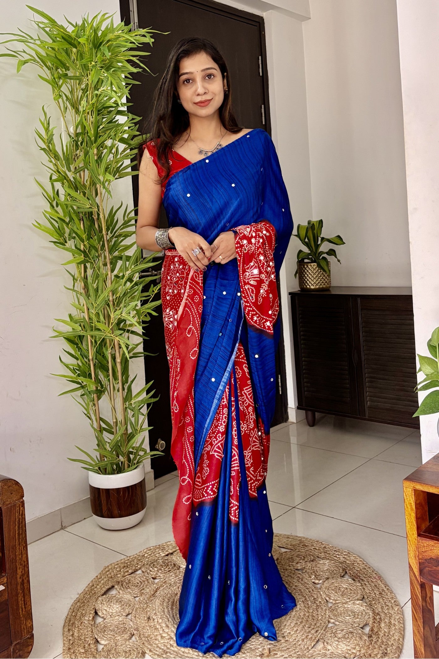 Buy MySilkLove Admiral Blue and Red Gaji Bandej Satin Soft Silk Saree Online
