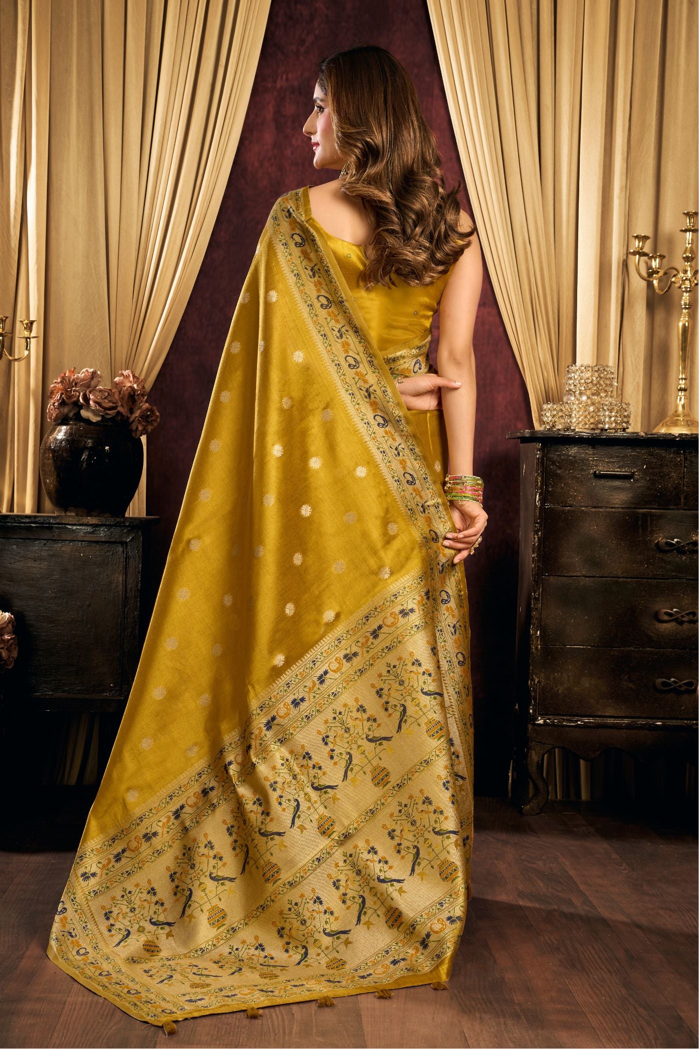 Buy MySilkLove Golden Yellow Woven Tissue Paithani Saree Online