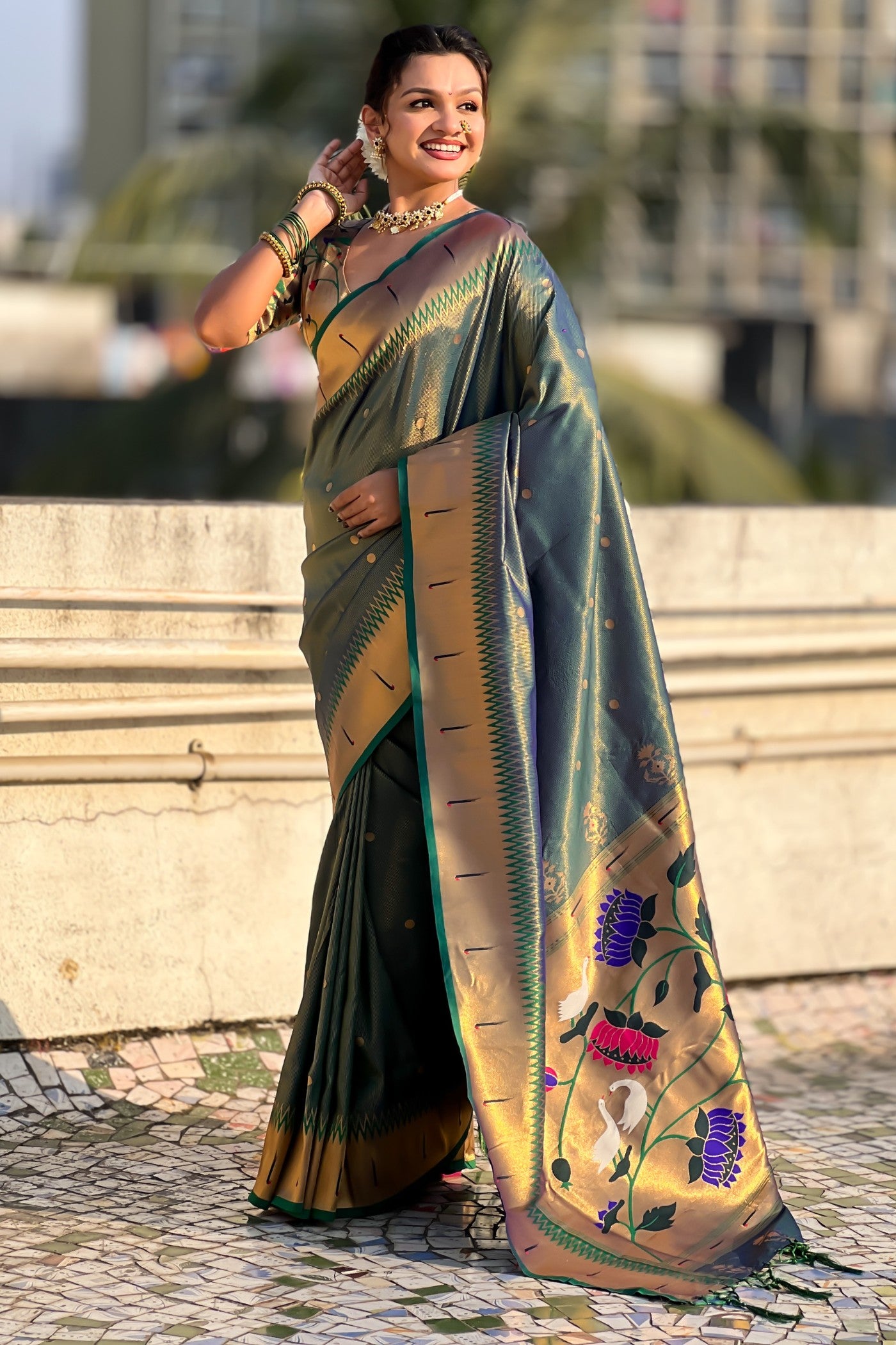 Buy MySilkLove Emerald Green Woven Tissue Paithani Saree Online