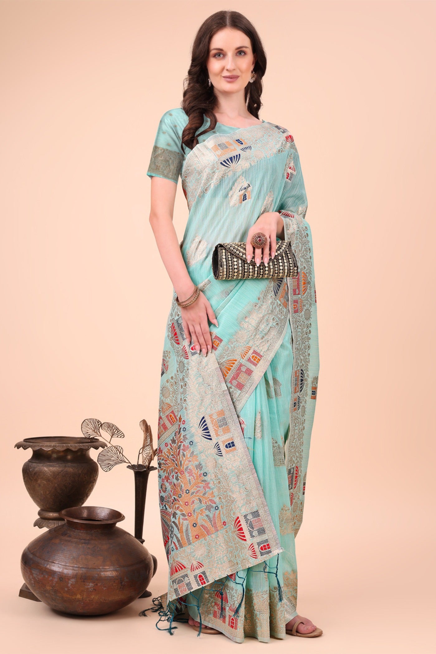 Buy MySilkLove Celeste Blue Linen Cotton Saree Online