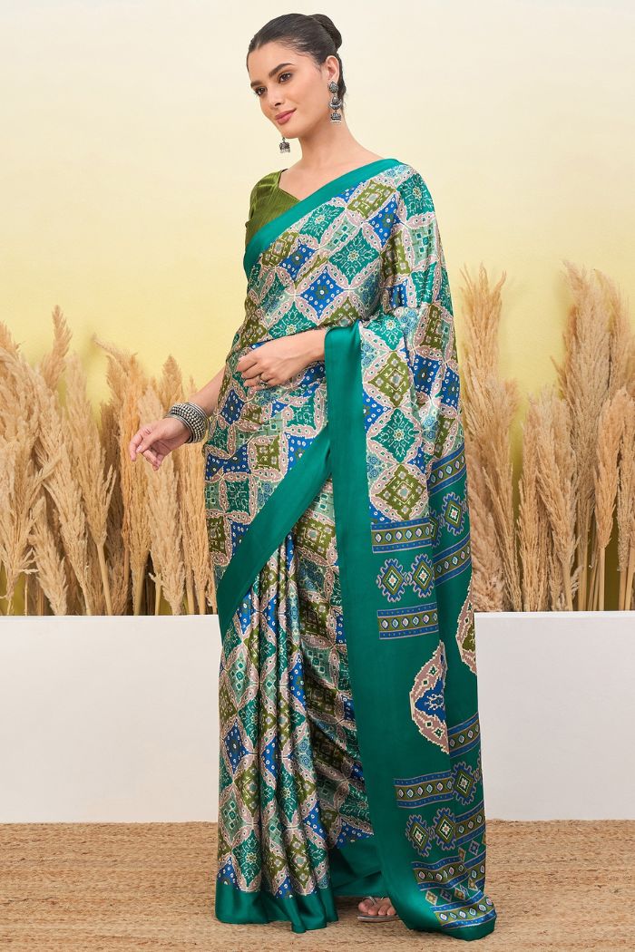 Buy MySilkLove Turquoise Blue Patola Printed Satin Crepe Silk Saree Online