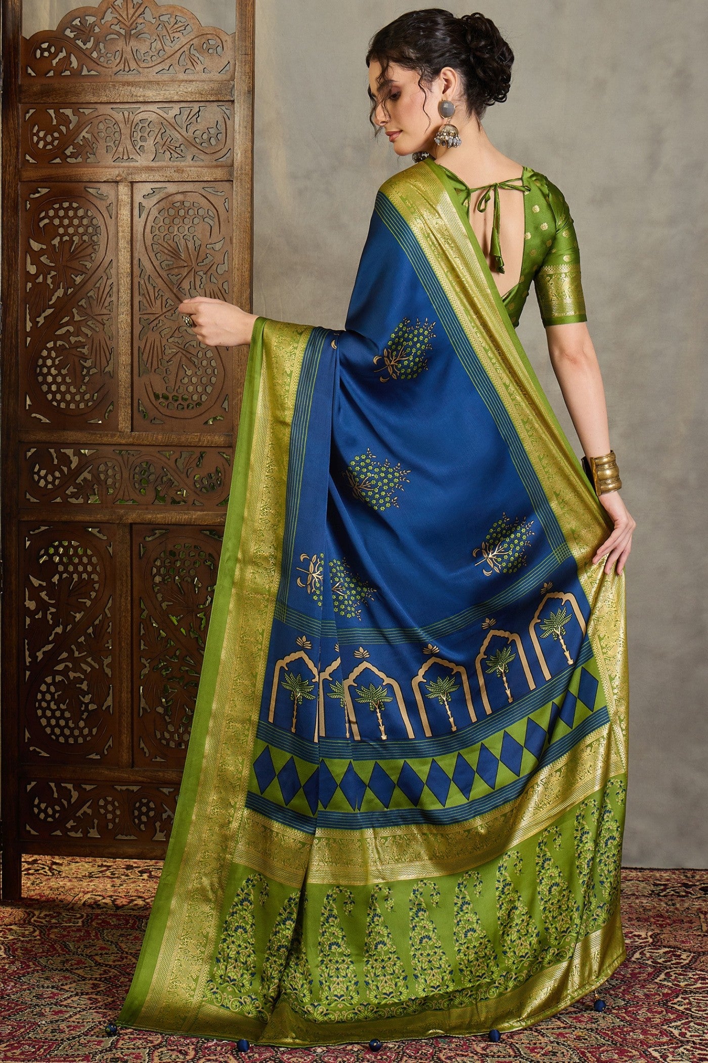 Buy MySilkLove Tidal Blue and Green Printed Satin Crepe Silk Saree Online