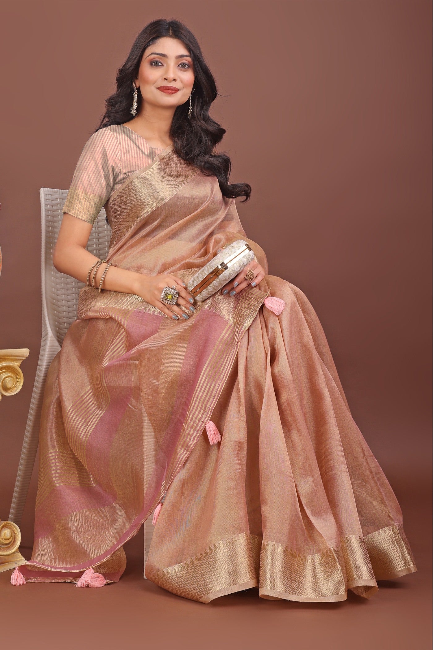 Buy MySilkLove Light Peach Woven Organza Saree Online