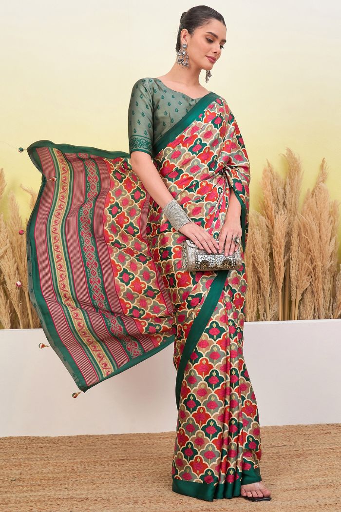 Buy MySilkLove Red Ink and Green Modal Satin Printed Silk Saree Online