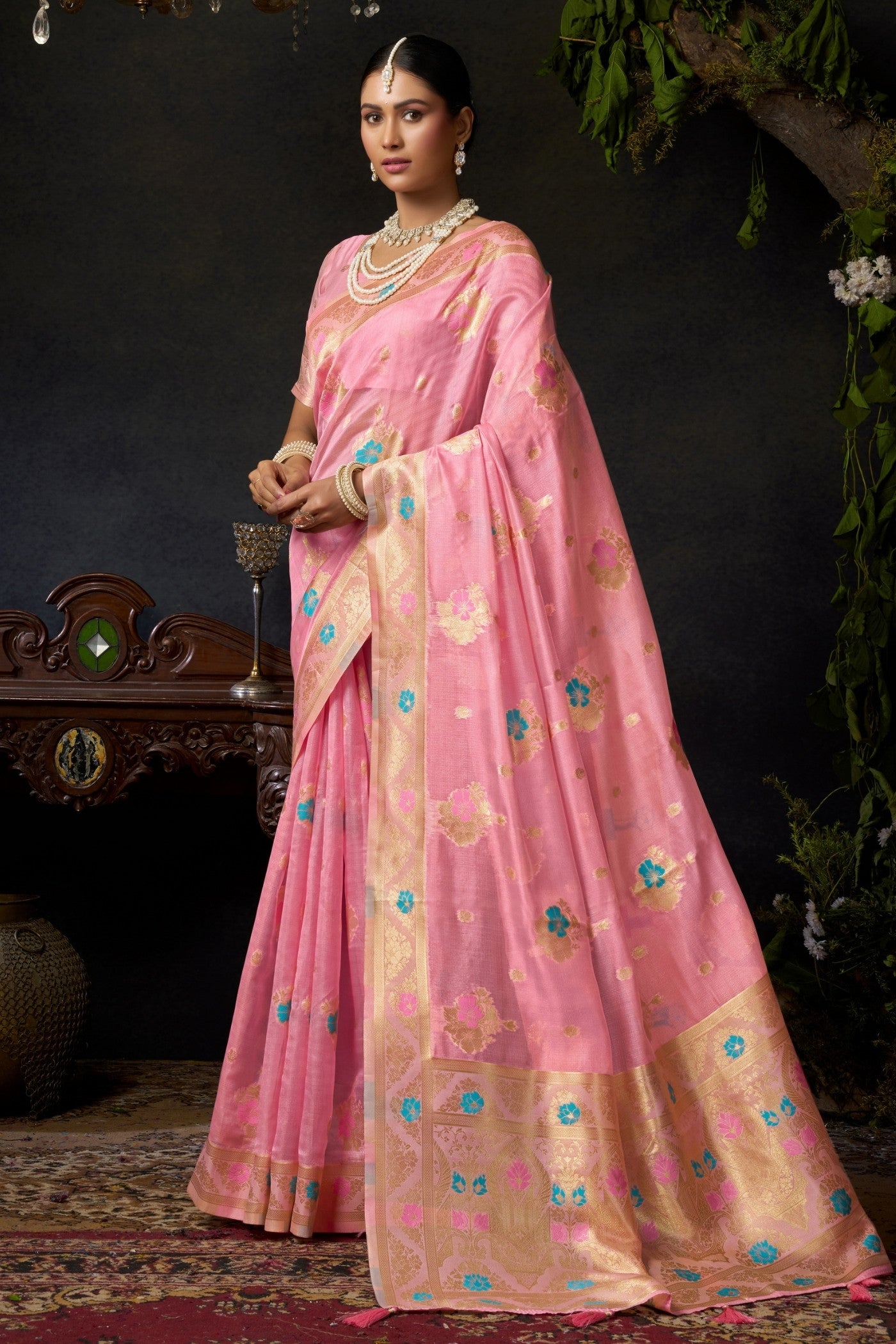 Buy MySilkLove Blossom Pink Woven Banarasi Organza Saree Online