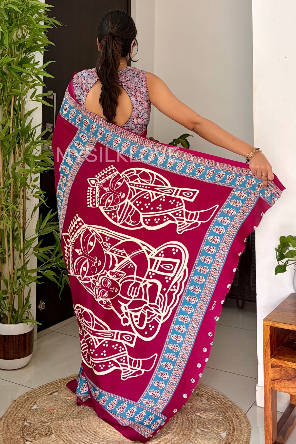 Buy MySilkLove Grape Purple Modal Ajrakh Satin Printed Silk Saree Online
