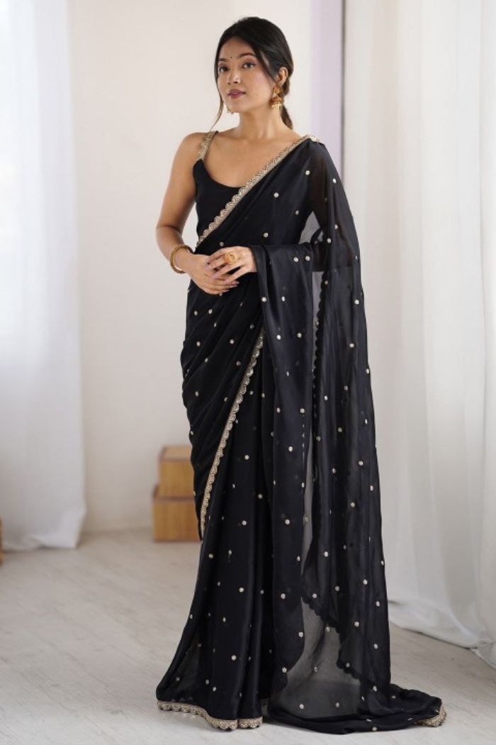 Buy MySilkLove Taupe Black Georgette Partywear Saree Online