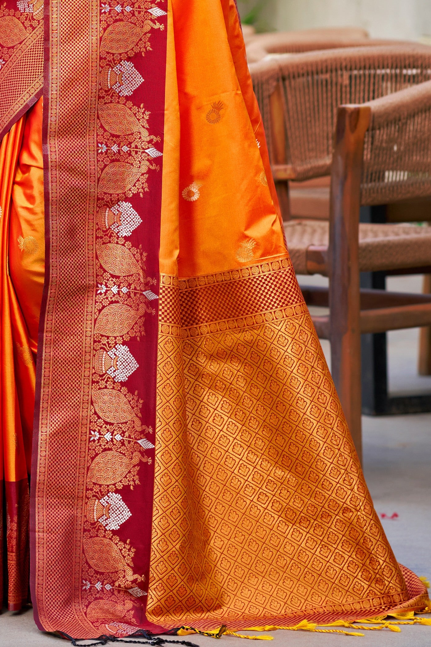 Buy MySilkLove Neon Orange Woven Banarasi Saree Online