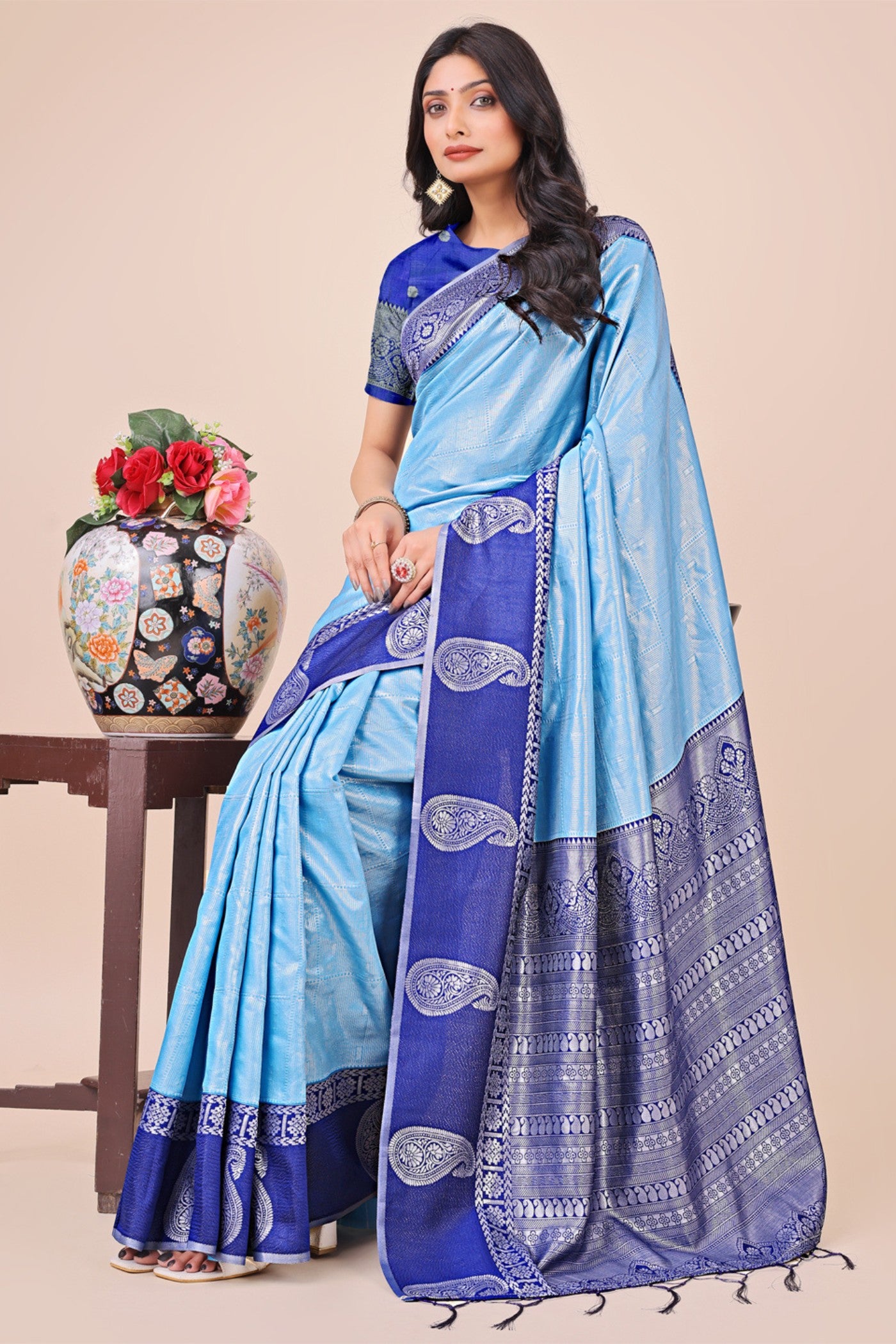 Buy MySilkLove Capri Blue Woven Banarasi Saree Online