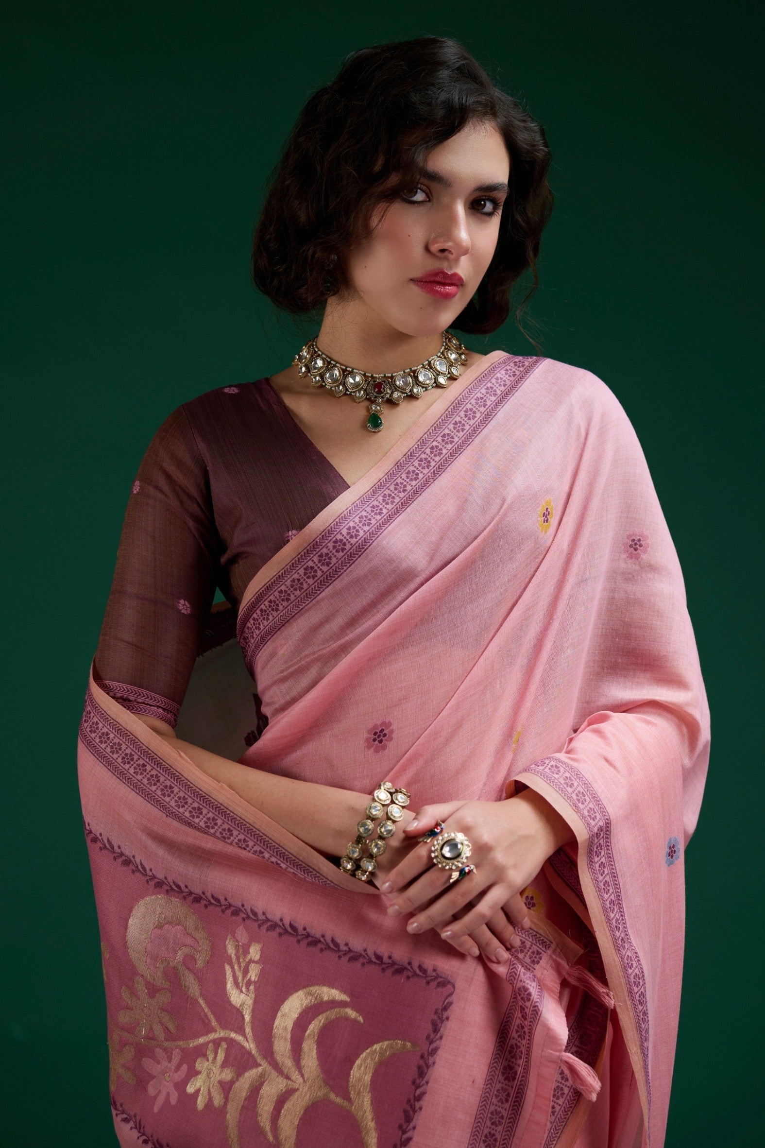 MySilkLove Fervent Pink Jamdani Woven Muga Cotton Saree