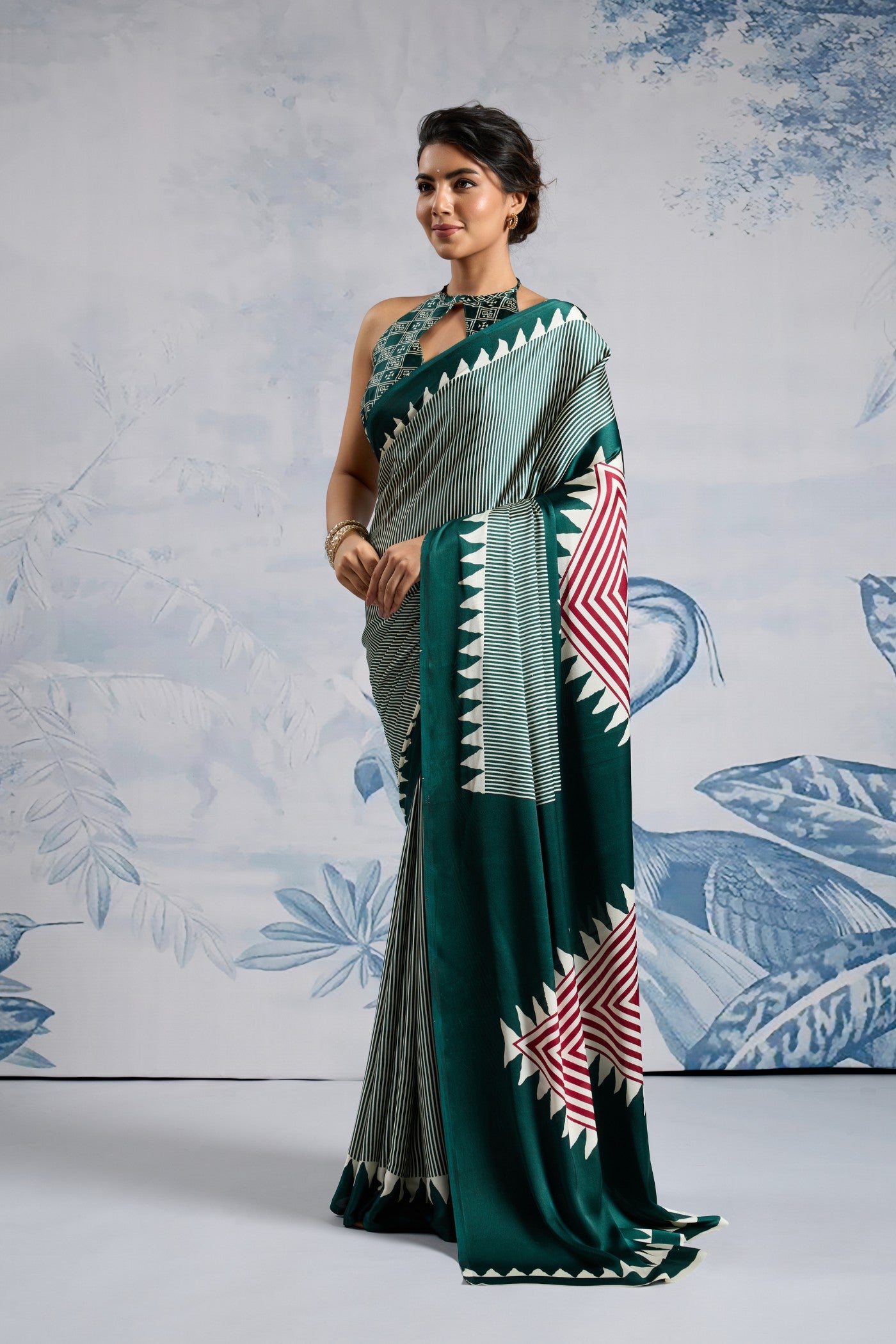Buy MySilkLove Beryl Green Stripe Ajrakh Printed Satin Crepe Silk Saree Online