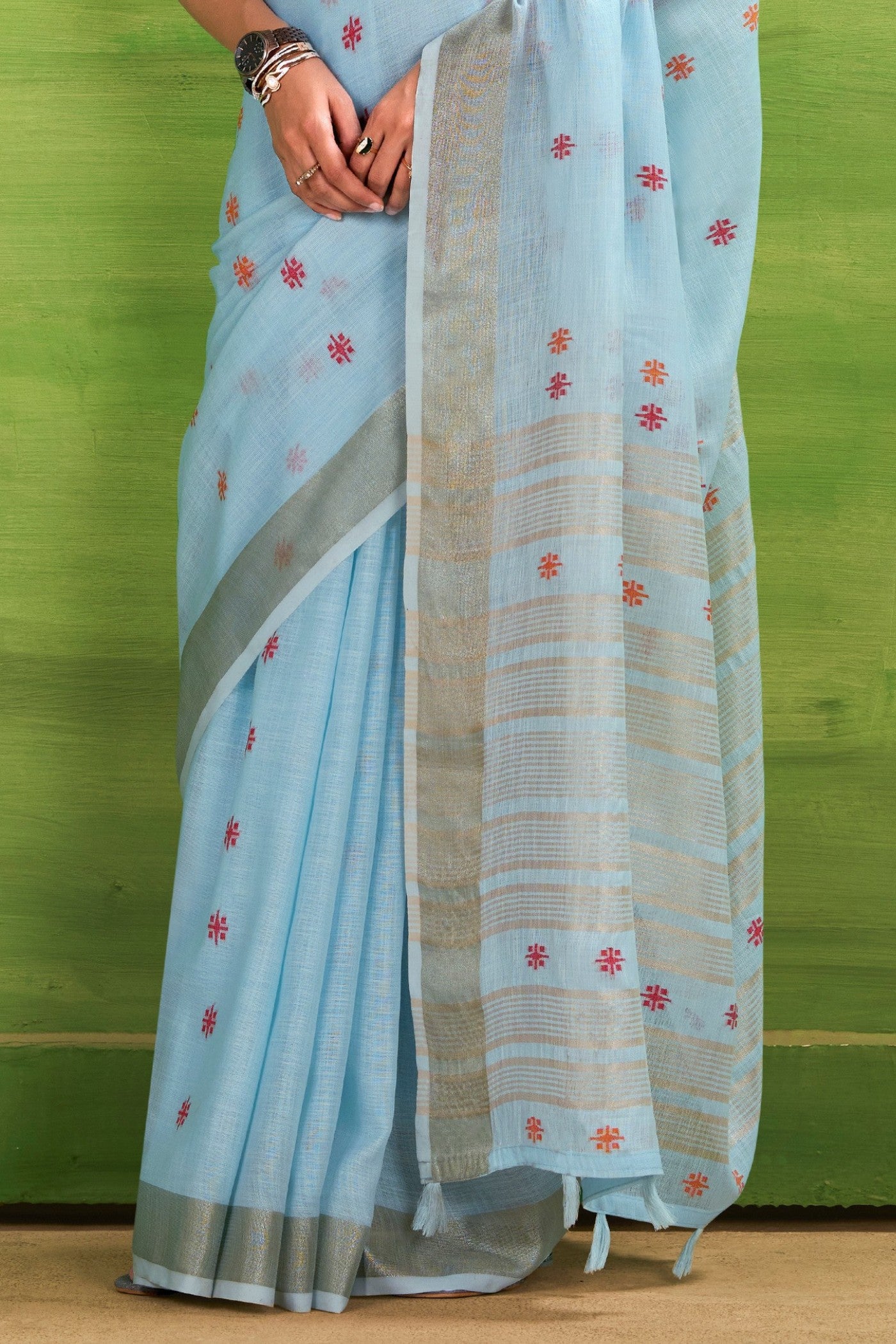 Buy MySilkLove Turquoise Blue Woven Linen Saree Online