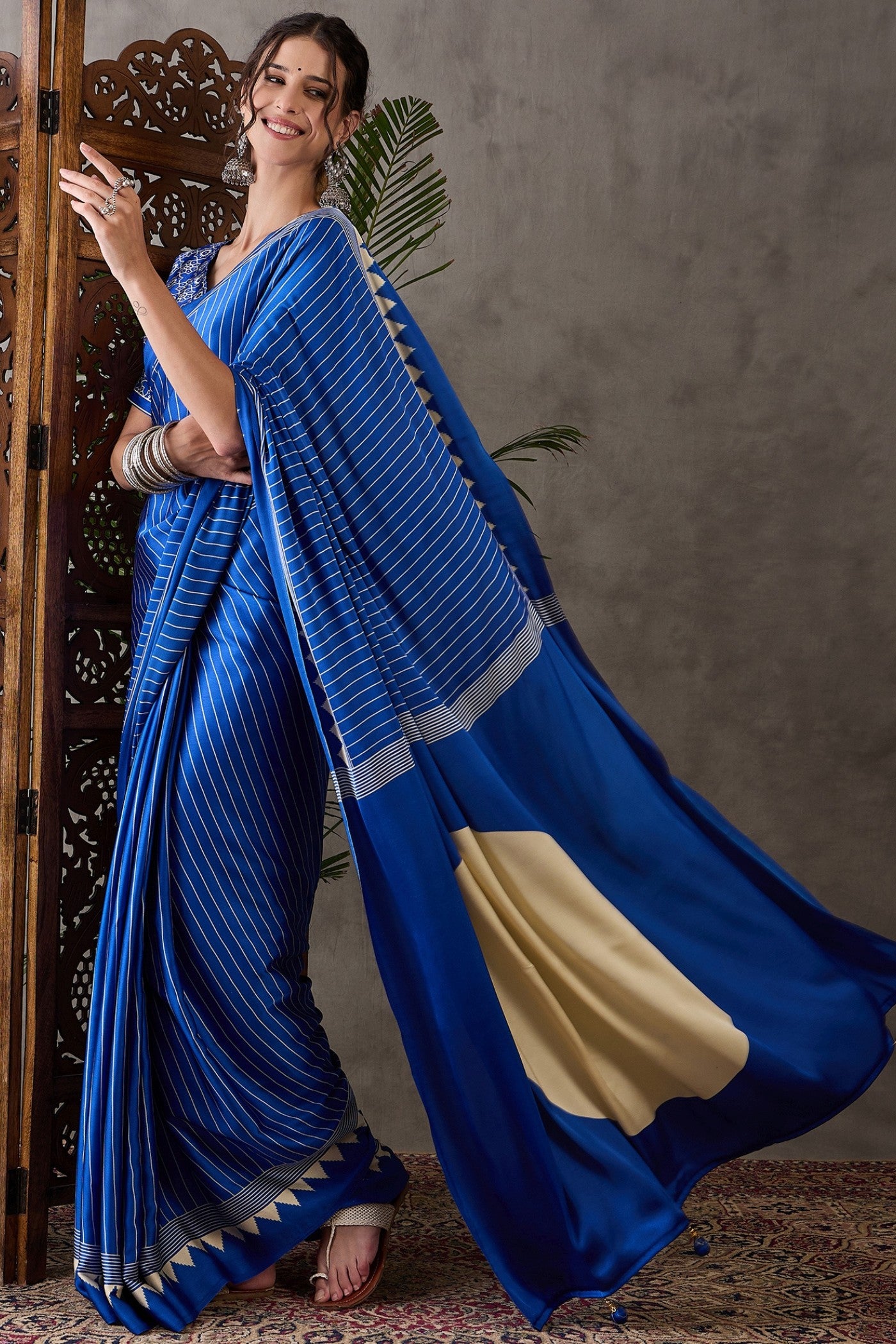 Buy MySilkLove Bondi Blue Printed Satin Gaji Silk Saree Online