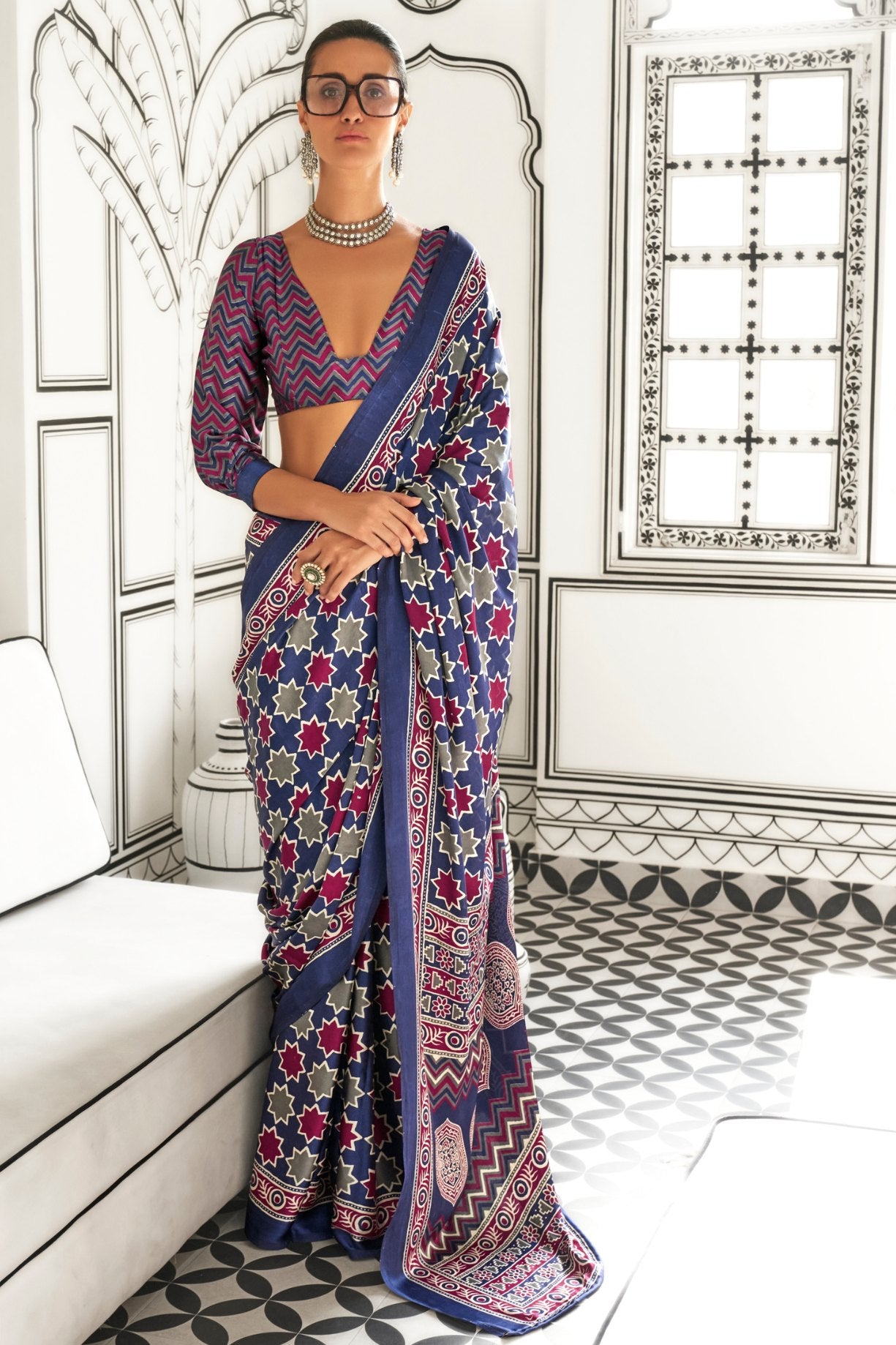 Buy MySilkLove Comet Purple Printed Ajrakh Satin Crepe Saree Online