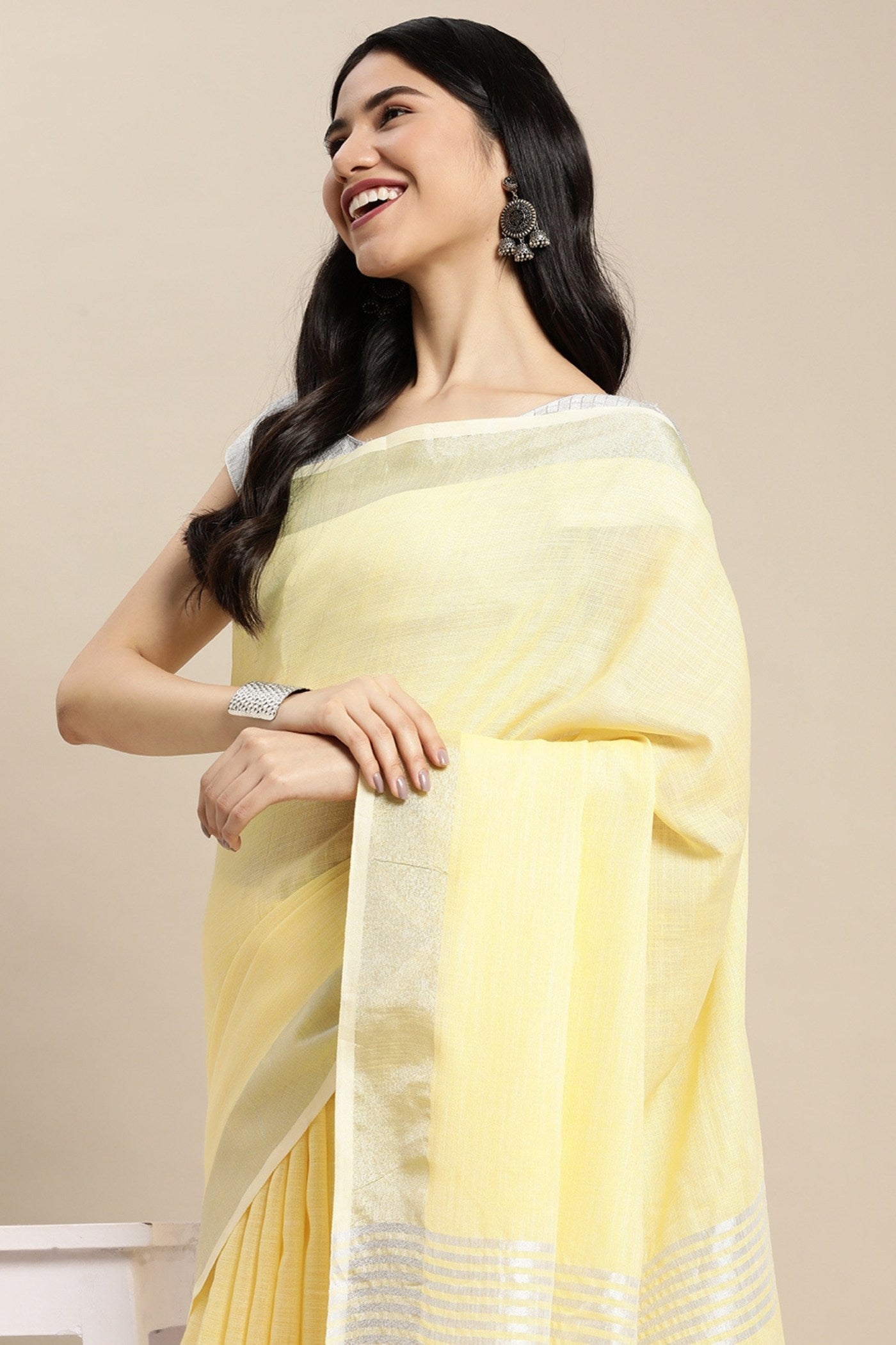 Buy MySilkLove Pastel Yellow Woven Linen Cotton Saree Online