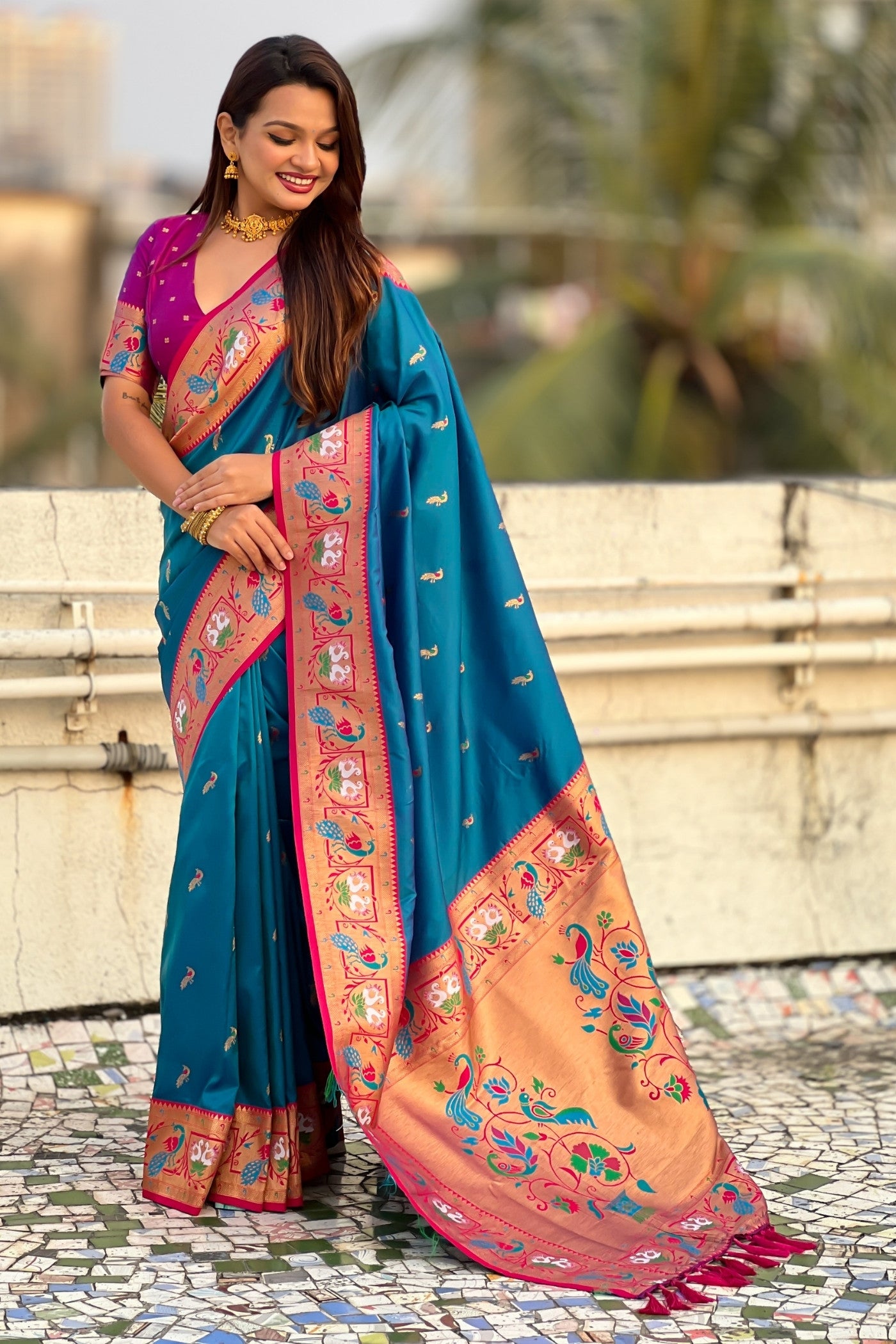 Buy MySilkLove Dusty Blue Zari Woven Paithani Saree Online