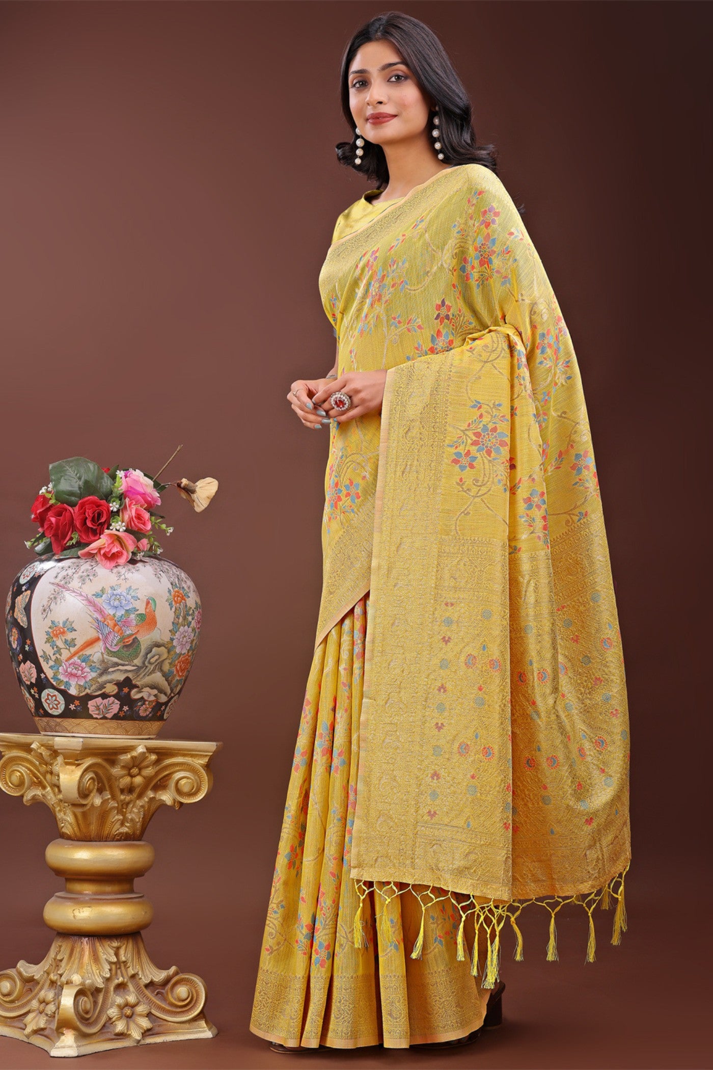 Buy MySilkLove Fuel Yellow Linen Cotton Saree Online