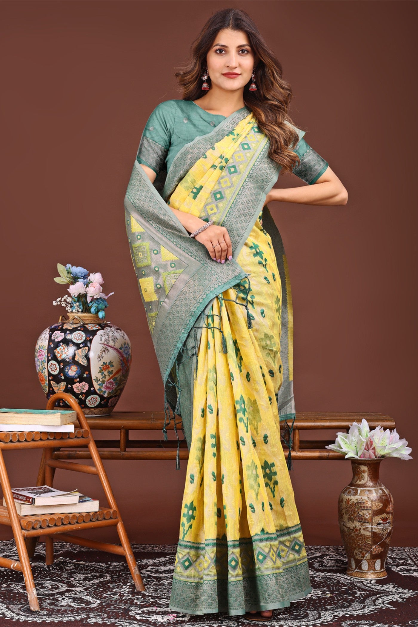 Buy MySilkLove Safety Yellow Woven Linen Cotton Saree Online