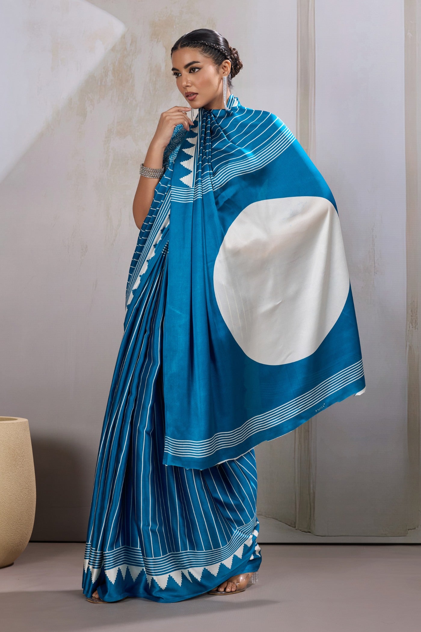 Buy MySilkLove Hydrangea Blue Ajrakh Printed Satin Crepe Silk Saree Online