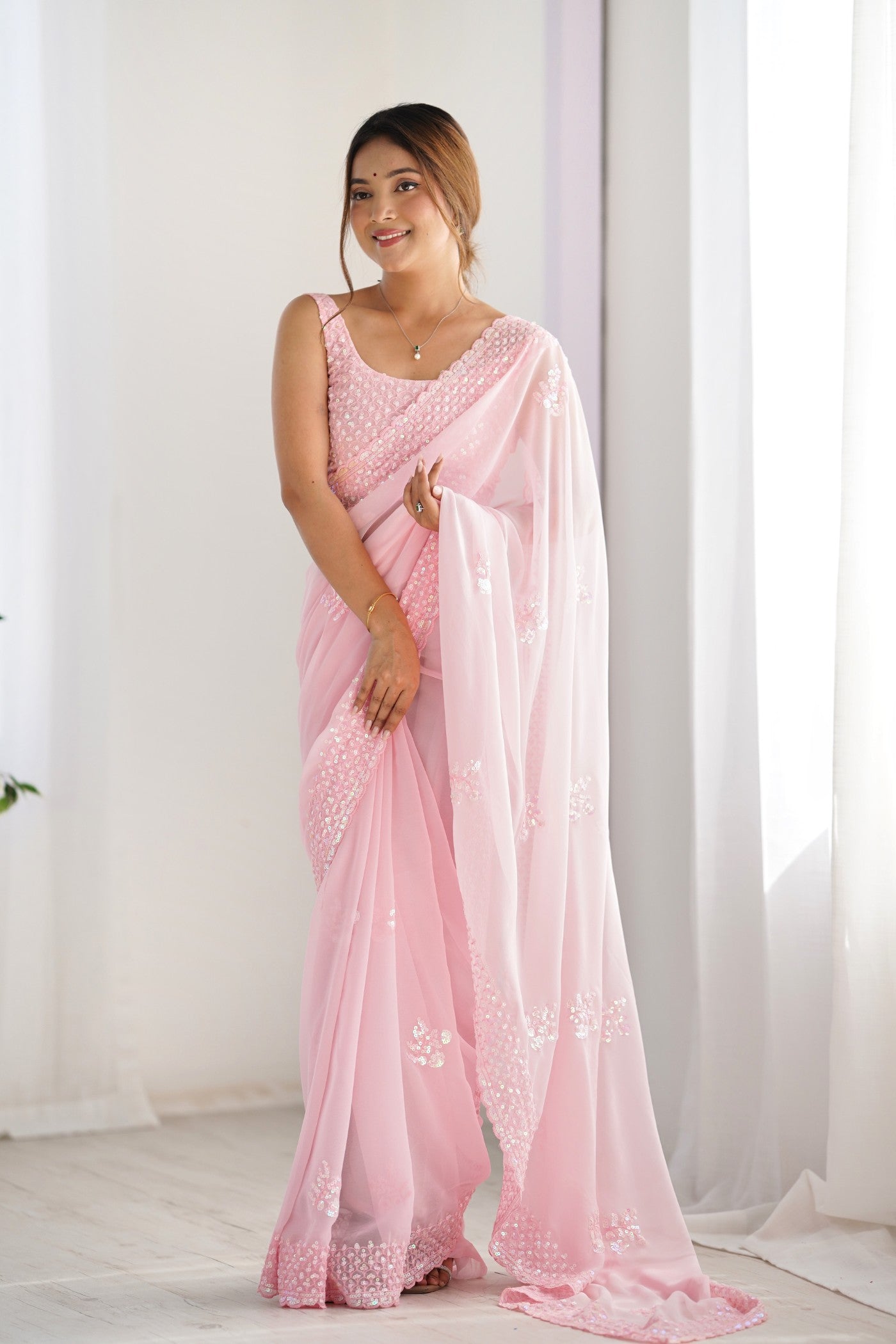 Buy MySilkLove Shimmer Pink Georgette Partywear Saree Online