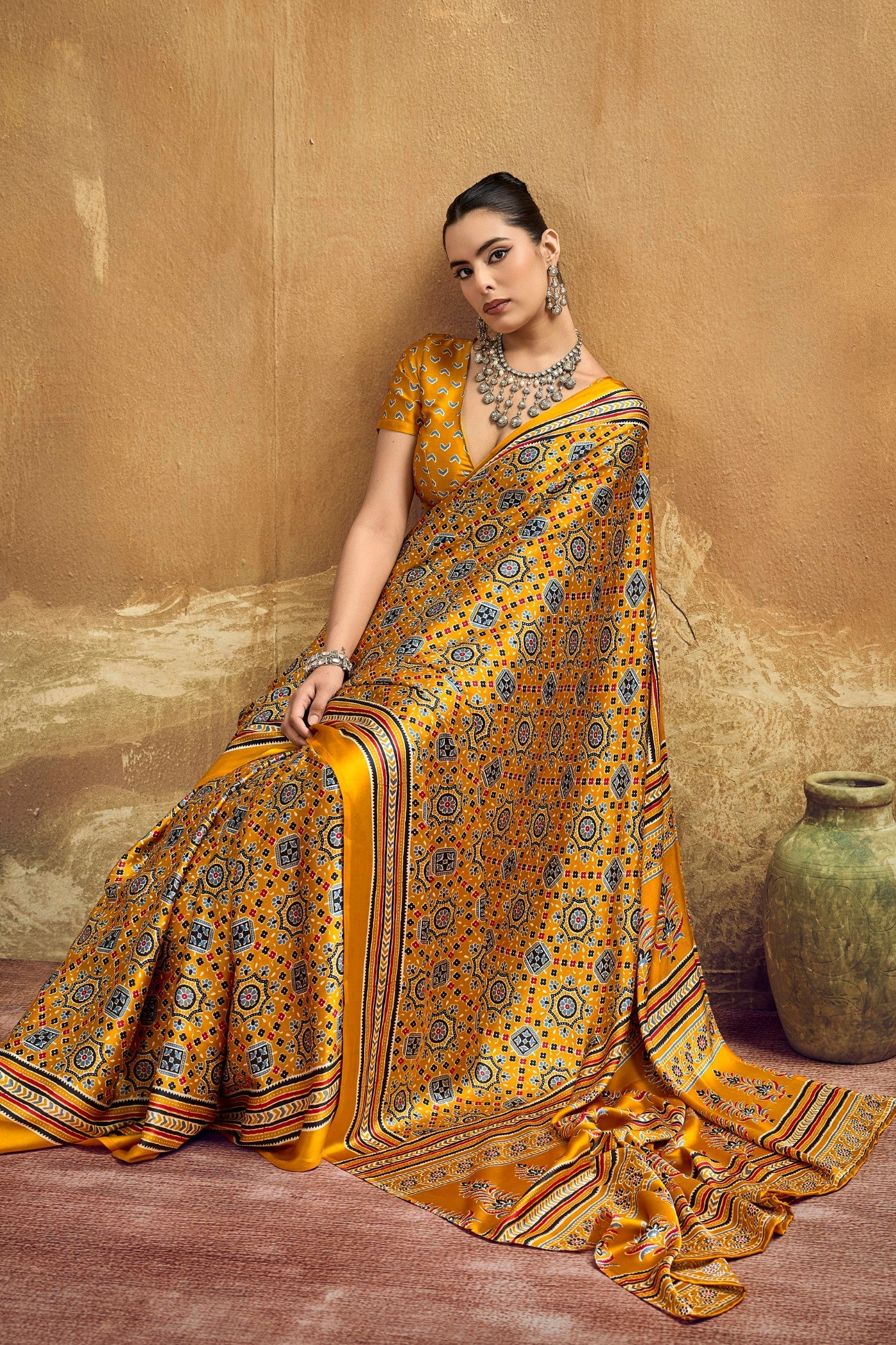 Buy MySilkLove Jonquil Yellow Modal Ajrakh Satin Printed Silk Saree Online