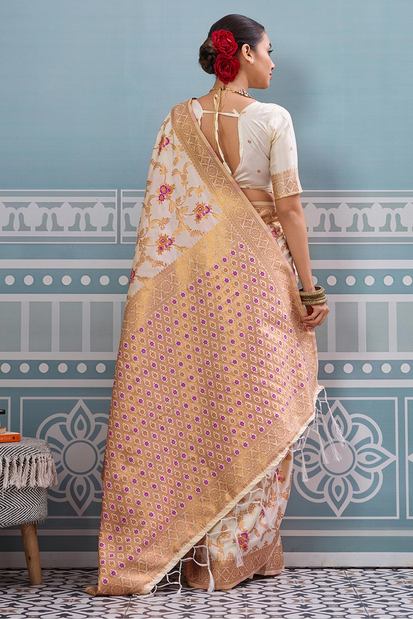 Buy MySilkLove Rice Cream Woven Banarasi Saree Online