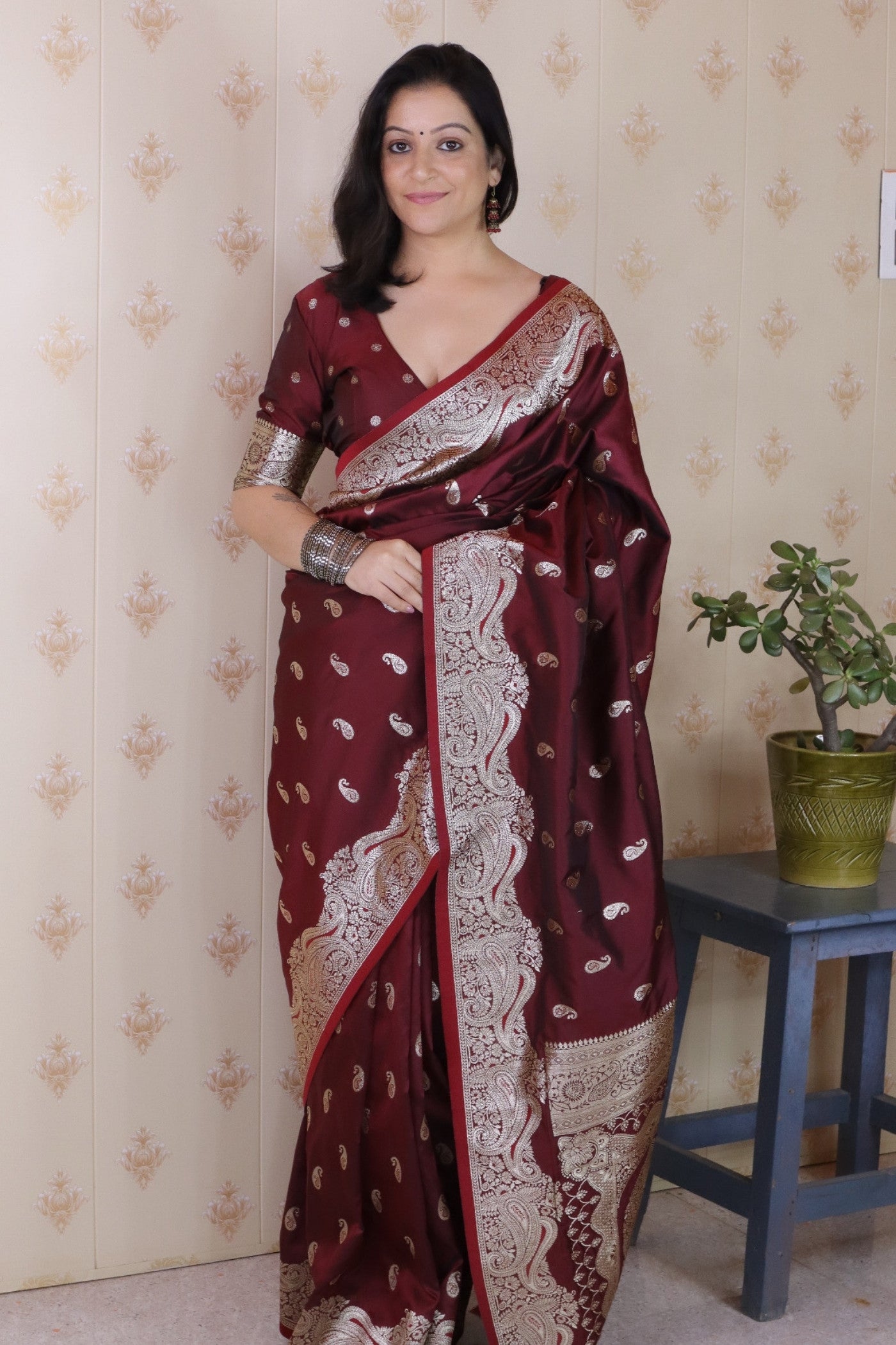 Buy MySilkLove Rosewood Maroon Banarasi Handloom Saree Online