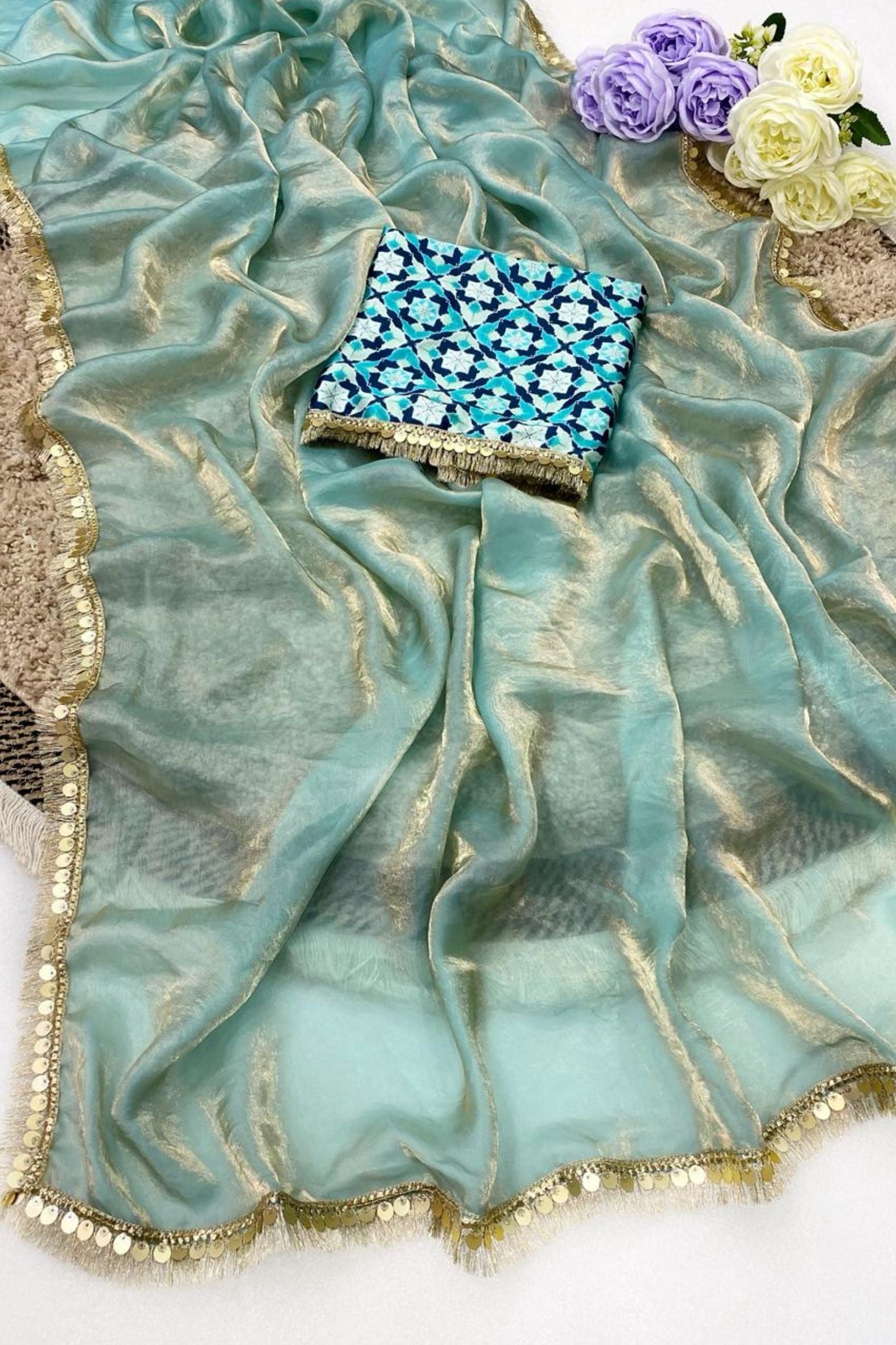 Buy MySilkLove Alabaster White Fancy Tissue Lace Saree With Printed Blouse Online