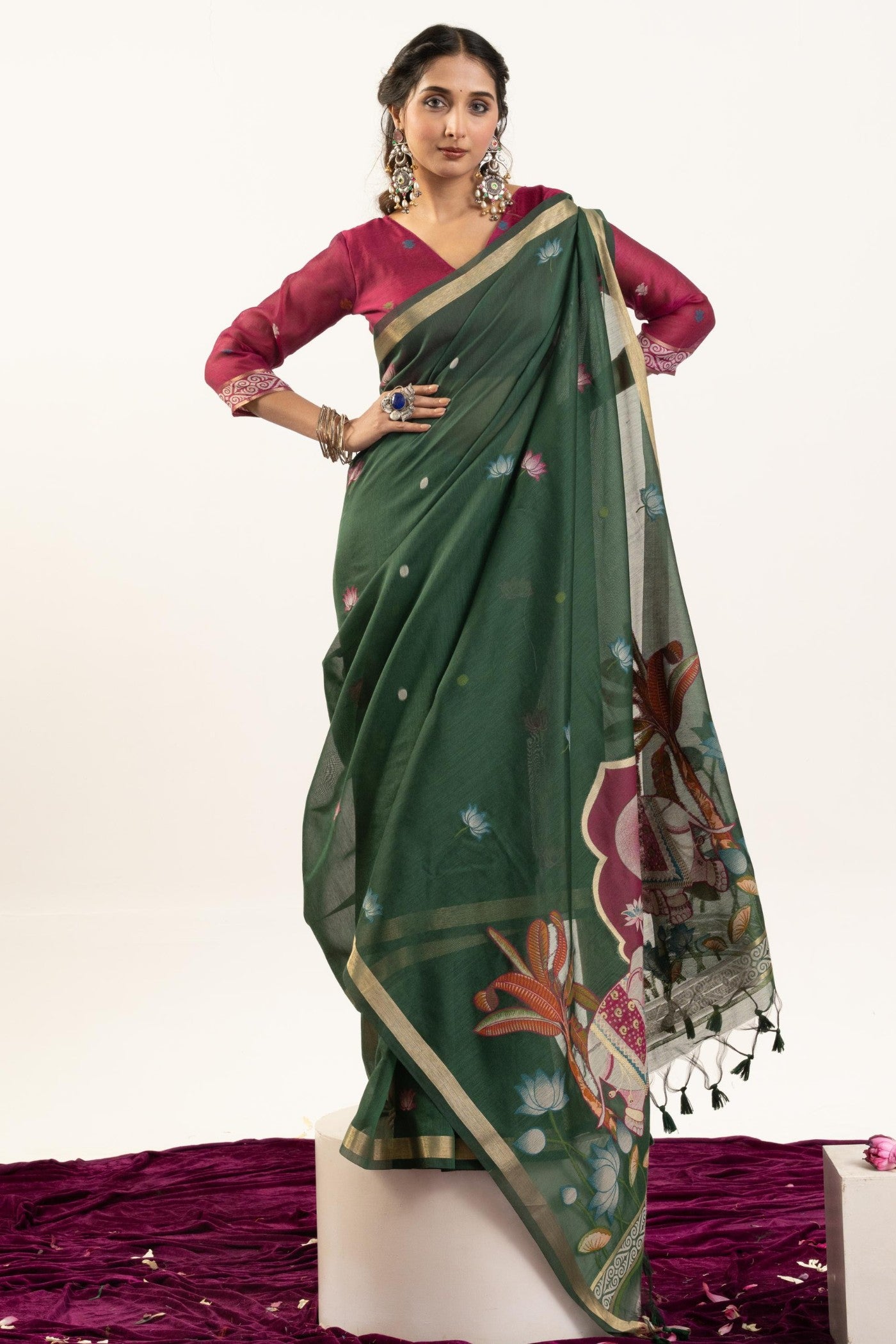 Buy MySilkLove Bottle Green Woven Soft Muga Cotton Saree Online