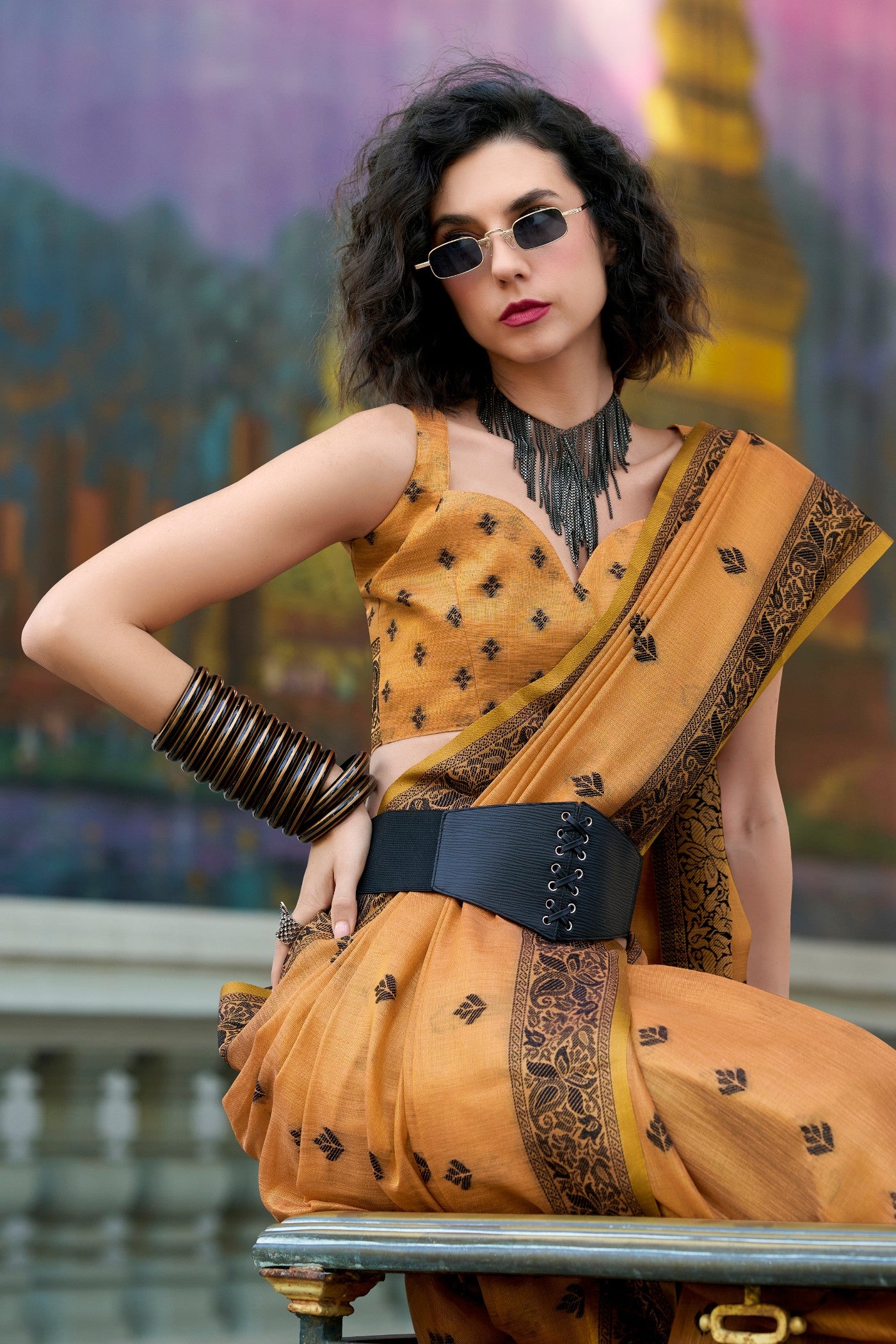 MySilkLove Honey Orange Tissue Linen Saree