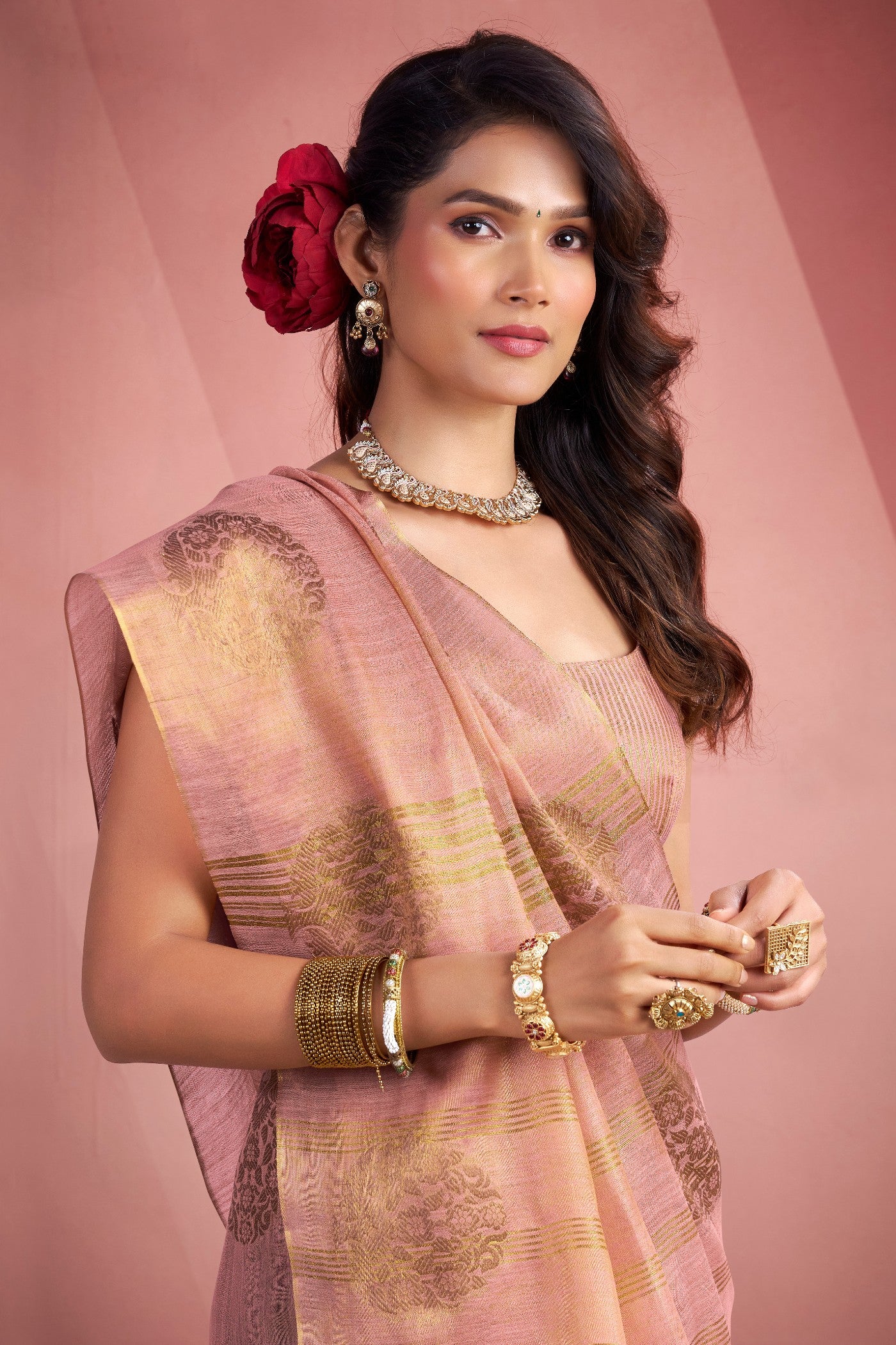 Buy MySilkLove Smoothie Pink Zari Woven Tissue Saree Online