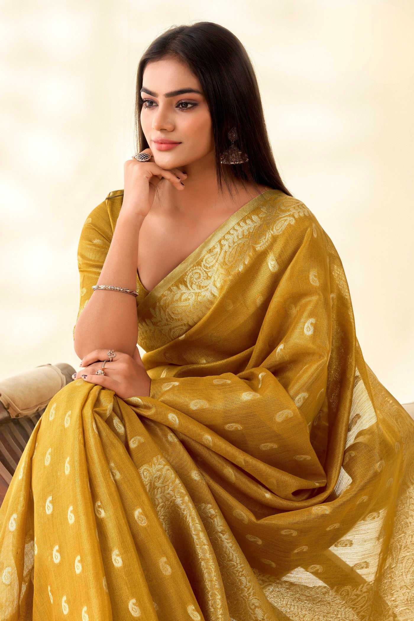 Buy MySilkLove Mustard Yellow Woven Tissue Linen Saree Online