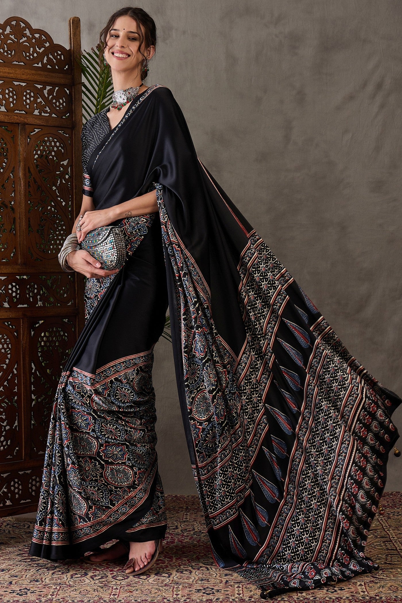 Buy MySilkLove Metal Black Printed Satin Gaji Silk Saree Online