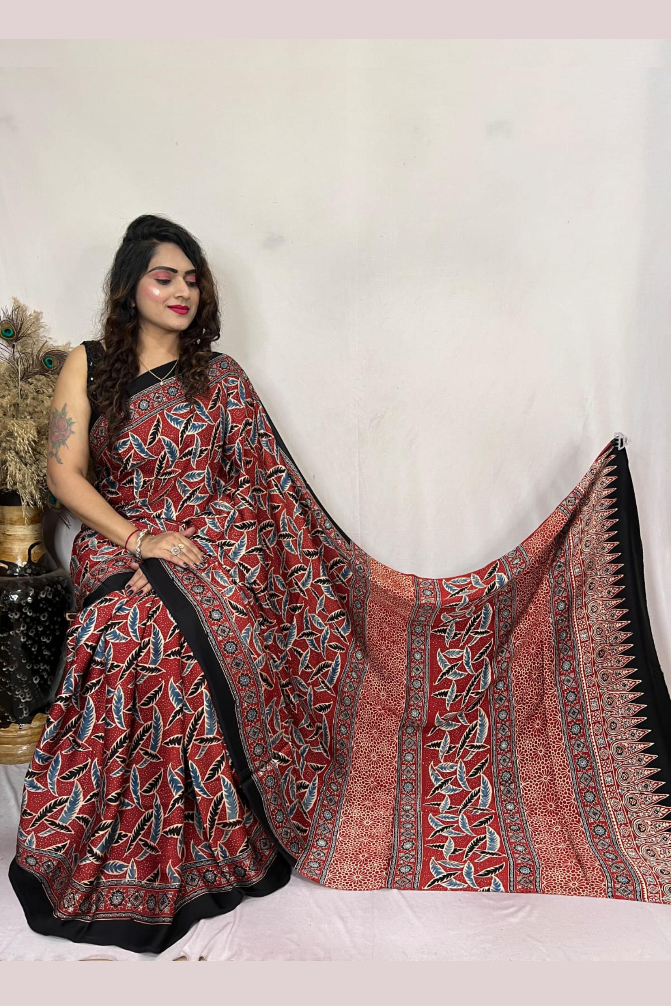 Buy MySilkLove Apple Blossom Maroon Ajrakh Hand Block Printed Modal Silk Saree Online