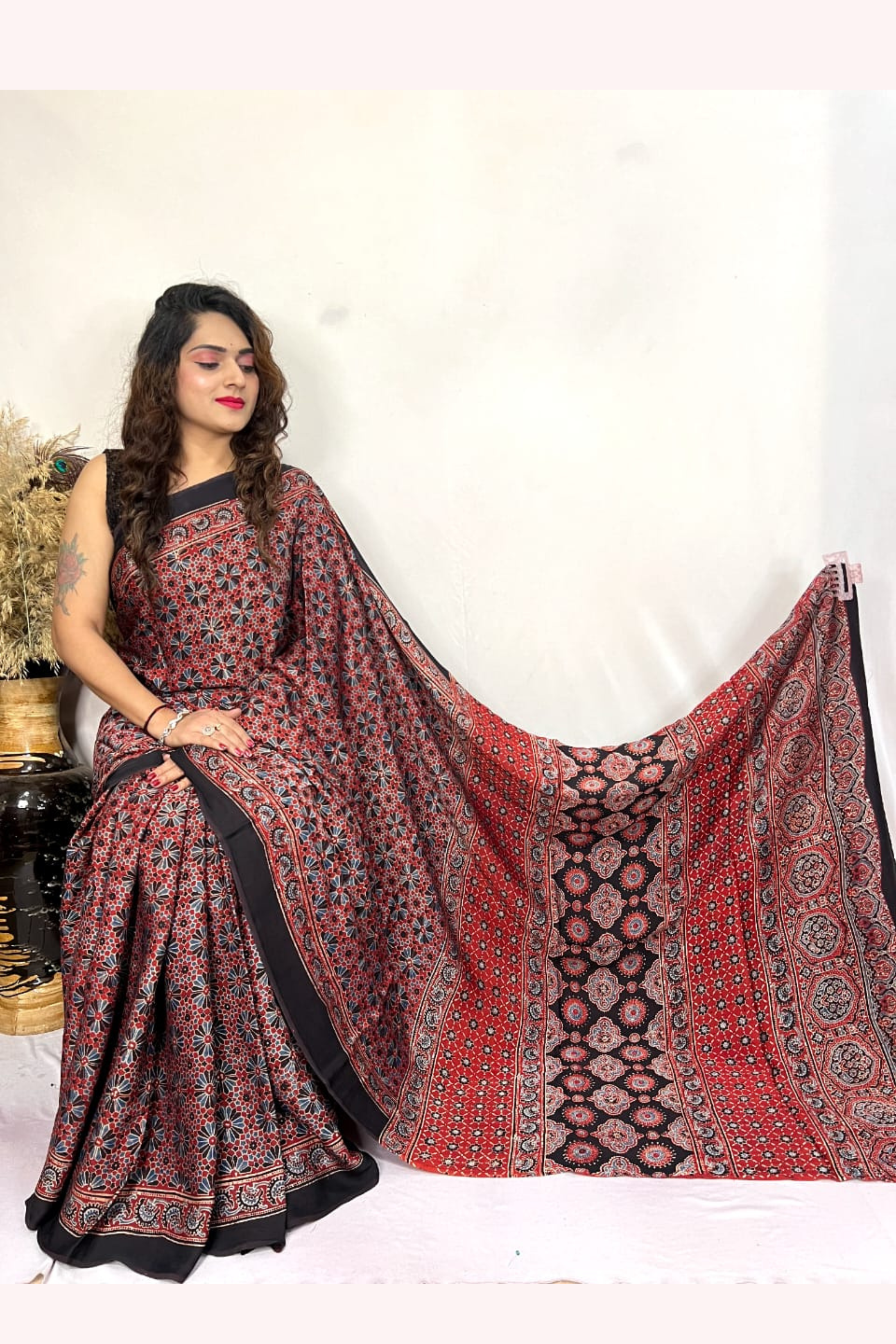 Buy MySilkLove Coral Tree Brown Ajrakh Hand Block Printed Modal Silk Saree Online