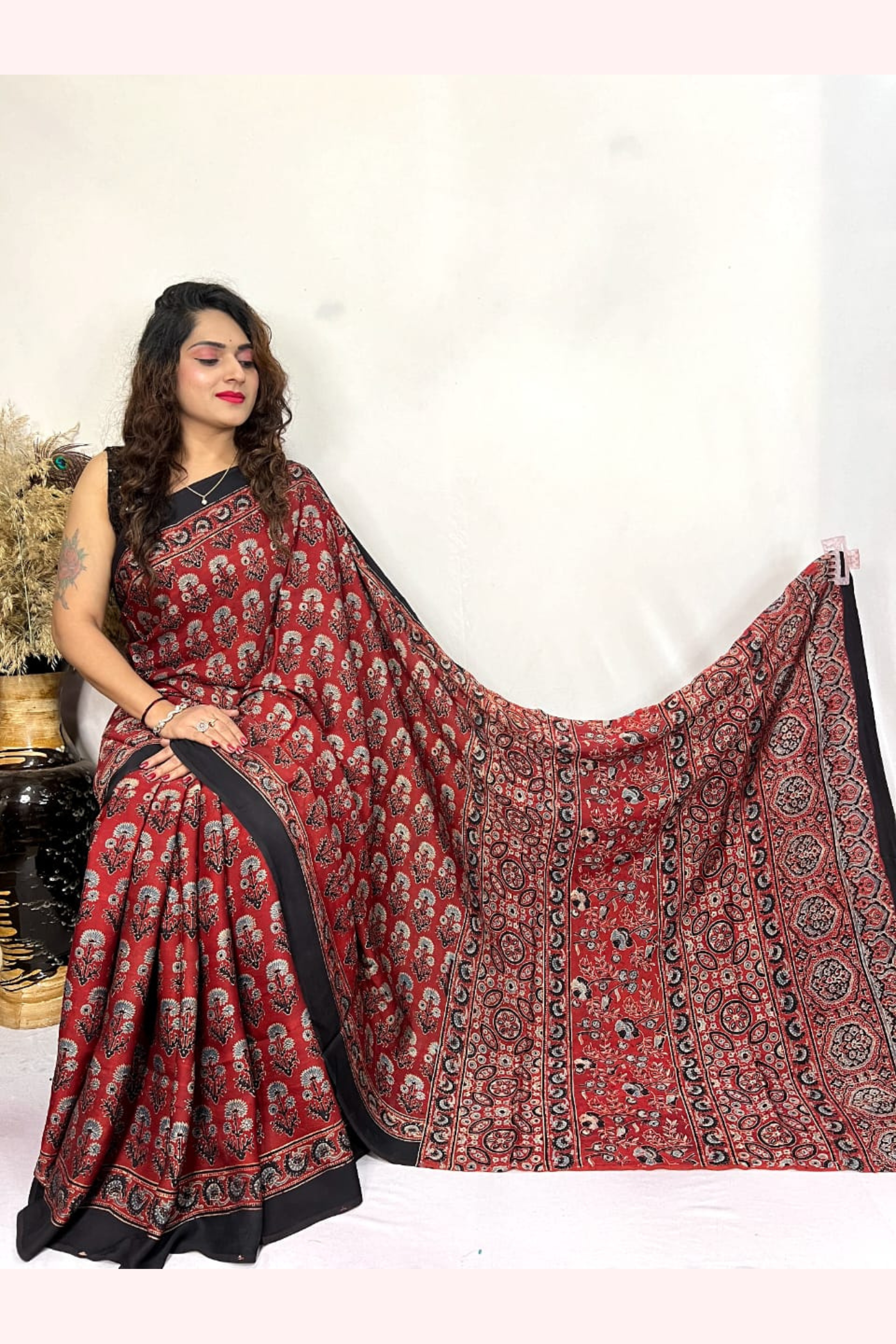 Buy MySilkLove Sanguine Brown Ajrakh Hand Block Printed Modal Silk Saree Online