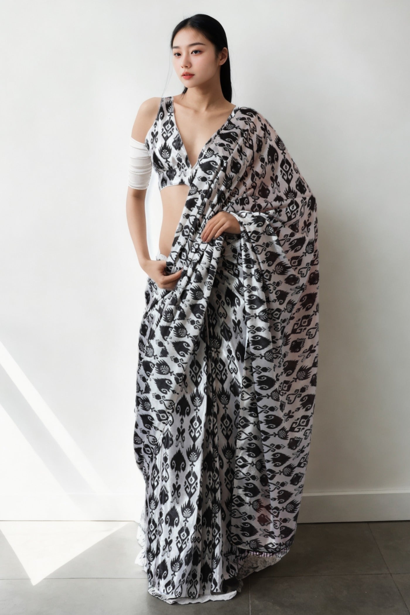 Buy MySilkLove Pitch Black Chinon Digital Printed Ready To Wear Saree Online
