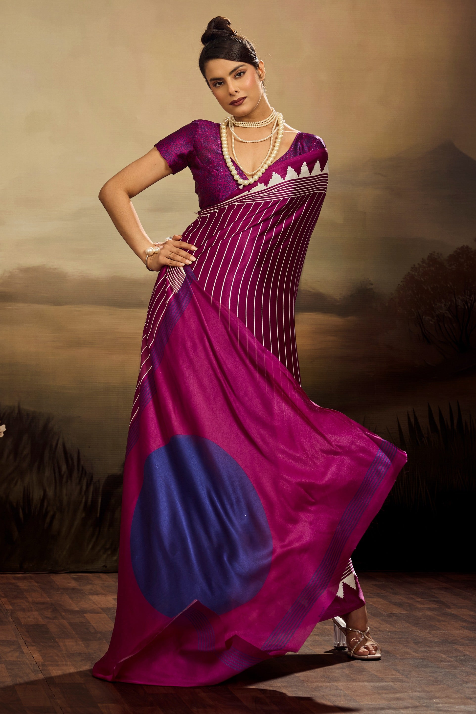 MySilkLove Honey Flower Purple Ajrakh Printed Satin Crepe Silk Saree