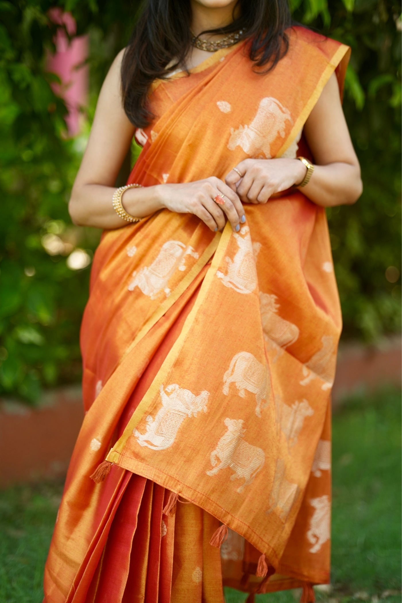 Buy MySilkLove Sunset Orange Handloom Tissue Saree Online