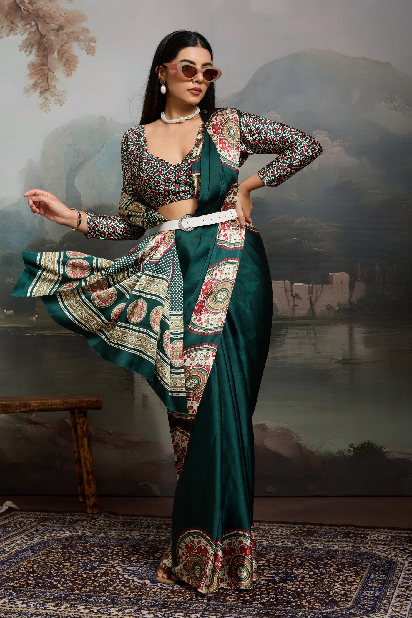 Buy MySilkLove Basil Green Modal Ajrakh Printed Silk Saree Online