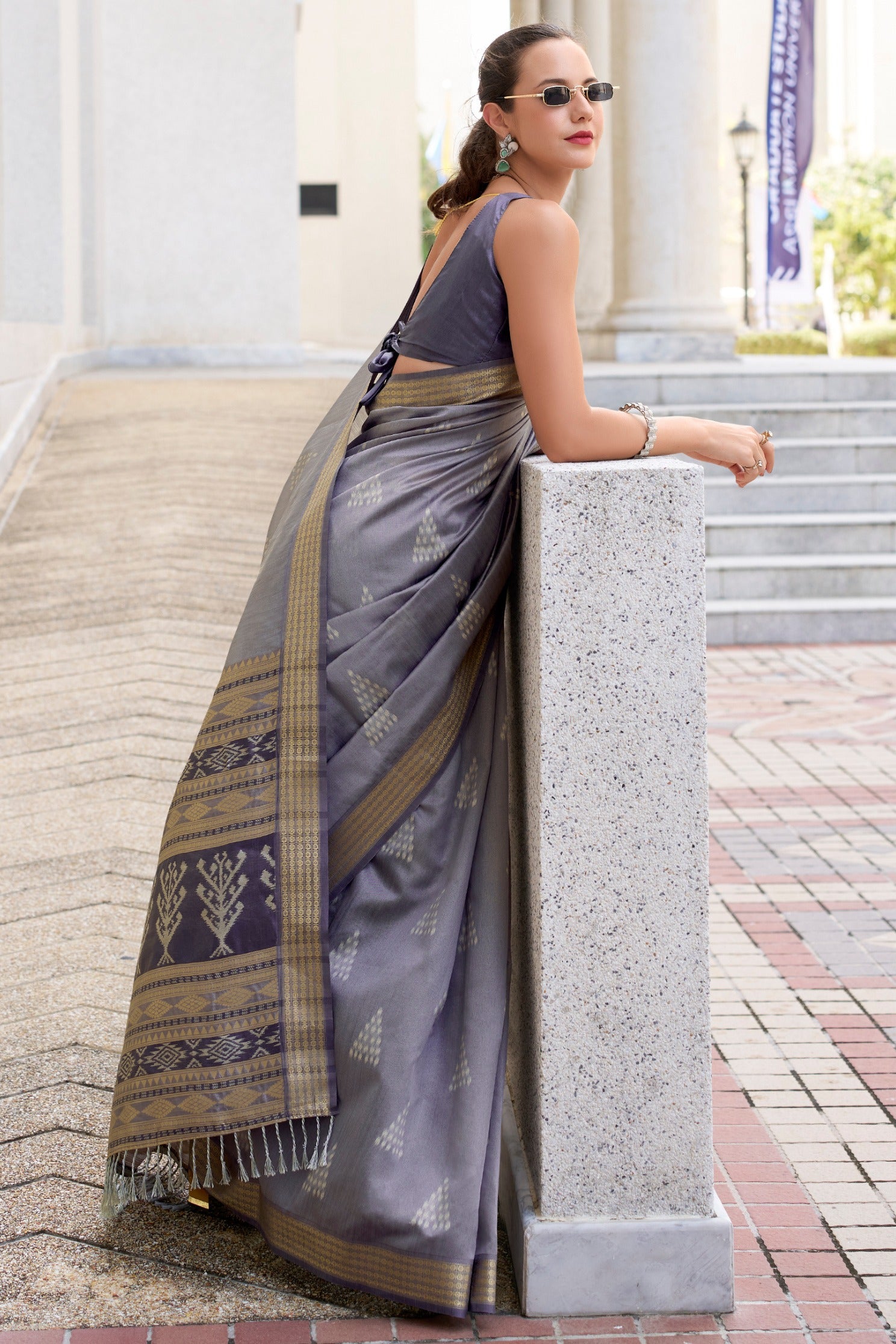 Buy MySilkLove Boulder Grey Ikkat Woven Banarasi Saree Online