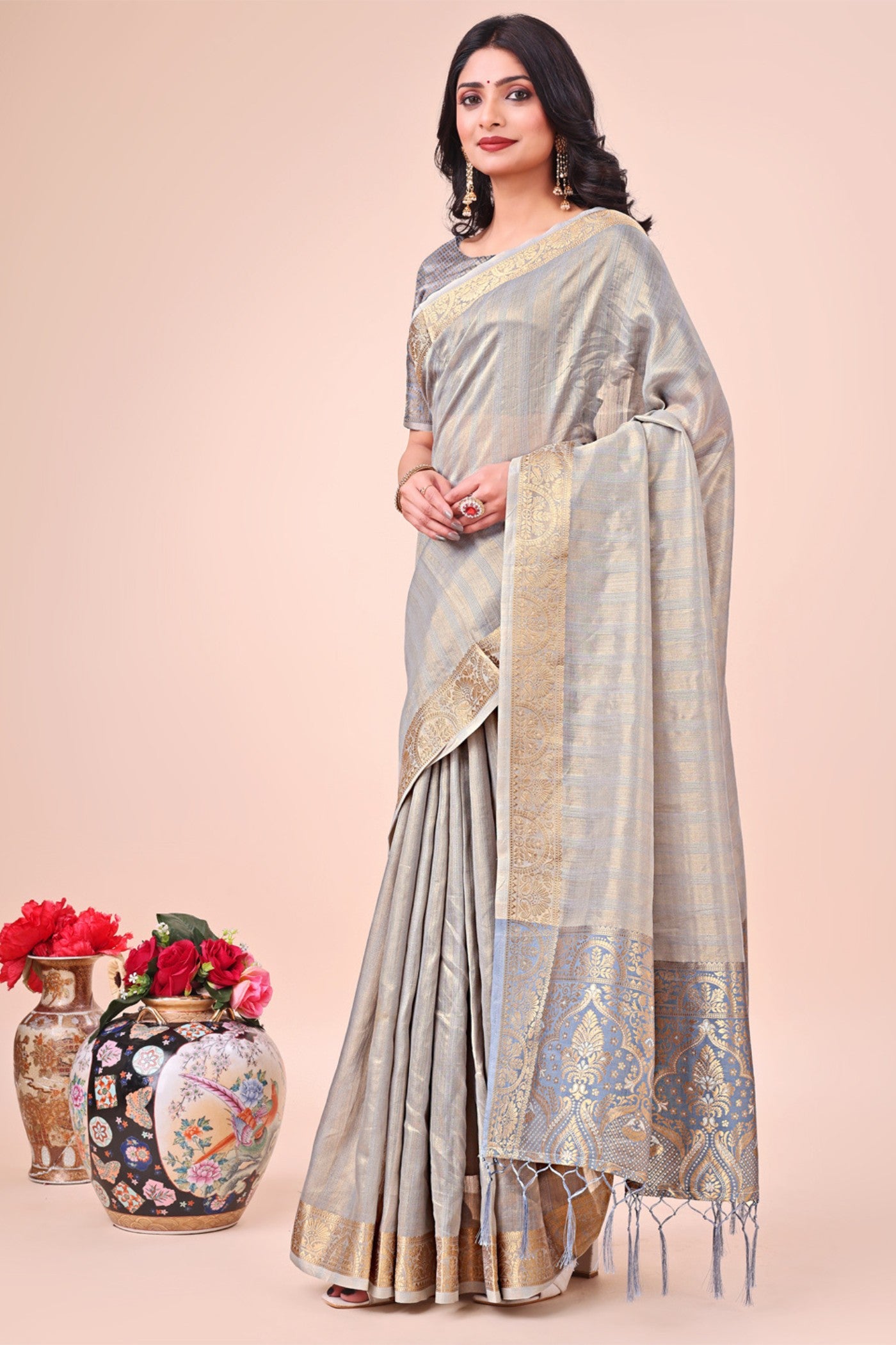Buy MySilkLove Nickel Grey Woven Organza Saree Online