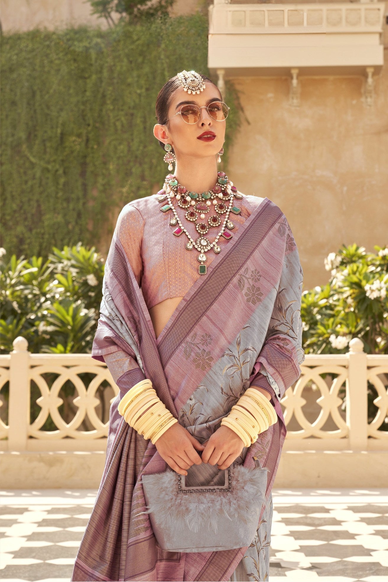 Buy MySilkLove Cloudy Grey and Pink Banarasi Handloom Saree Online