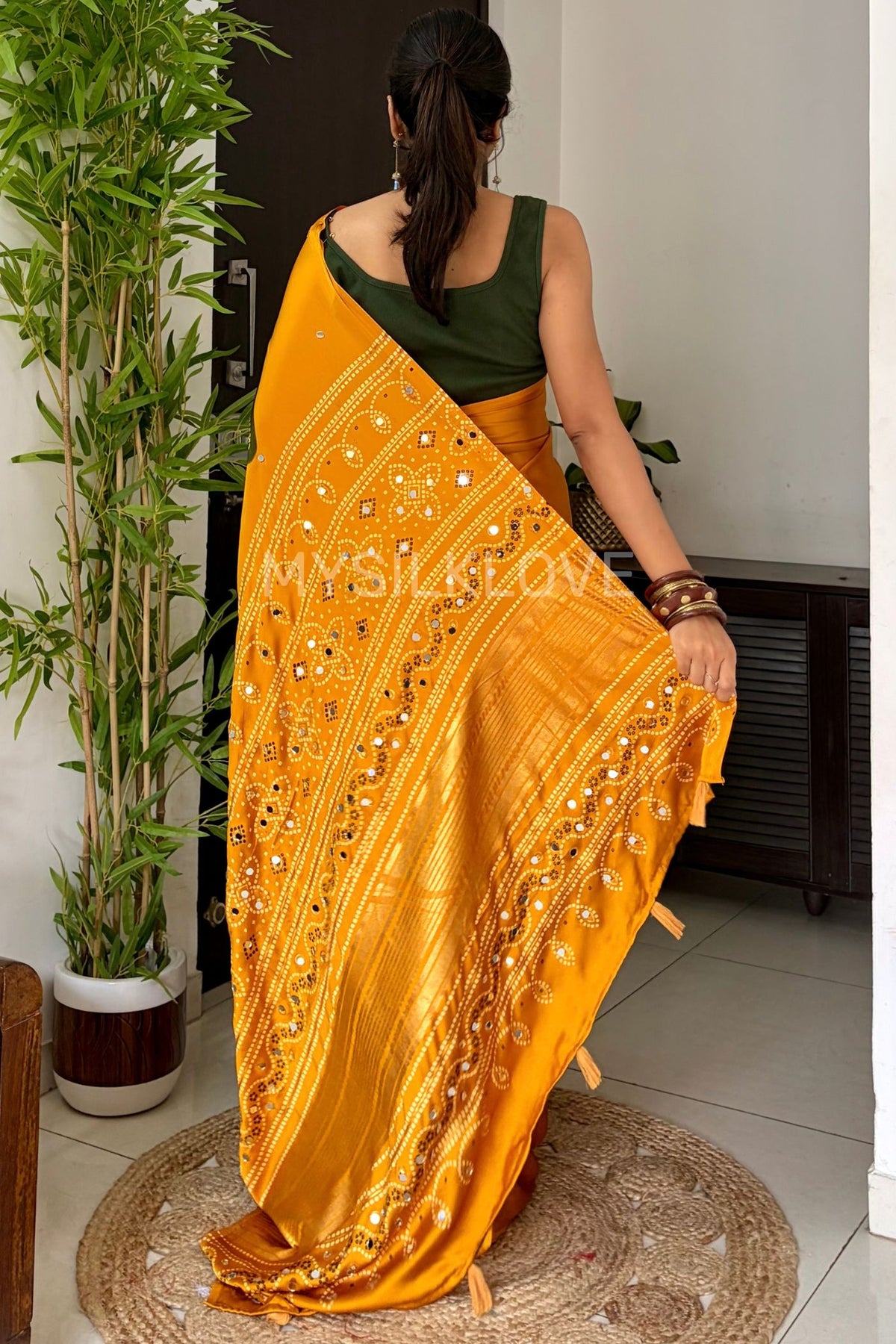 Buy MySilkLove Canary Yellow Satin Printed Bandhani Mirror Work Saree Online